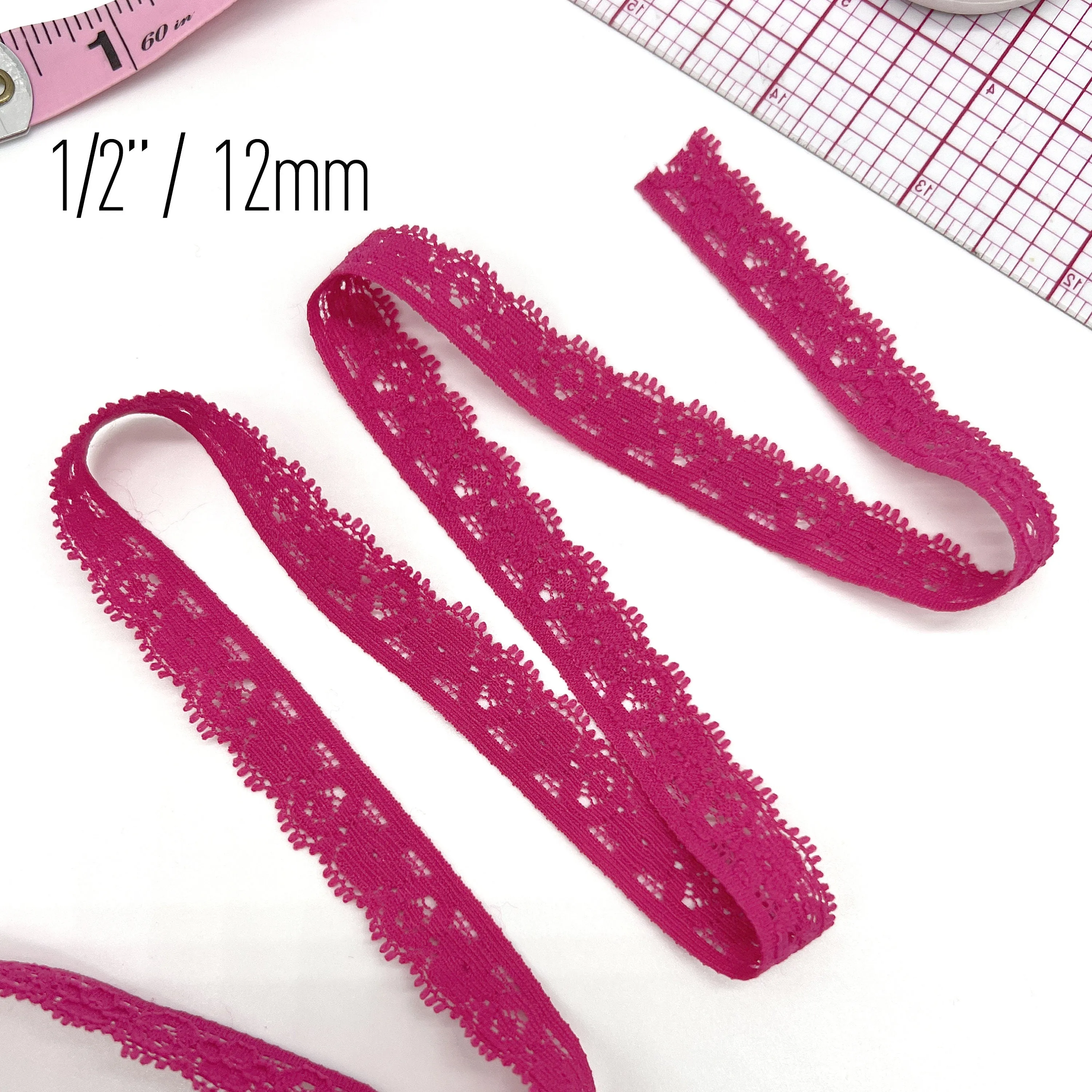 1/2" (12mm) Stretch Narrow Lace Trim, Decorative Elastic in Pink– 5 yards