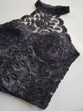 1990s Romantic Gothic Vintage High Neck Corset Top Lace & Hand Beaded - Knockout for Evening - Black Lace & Beads