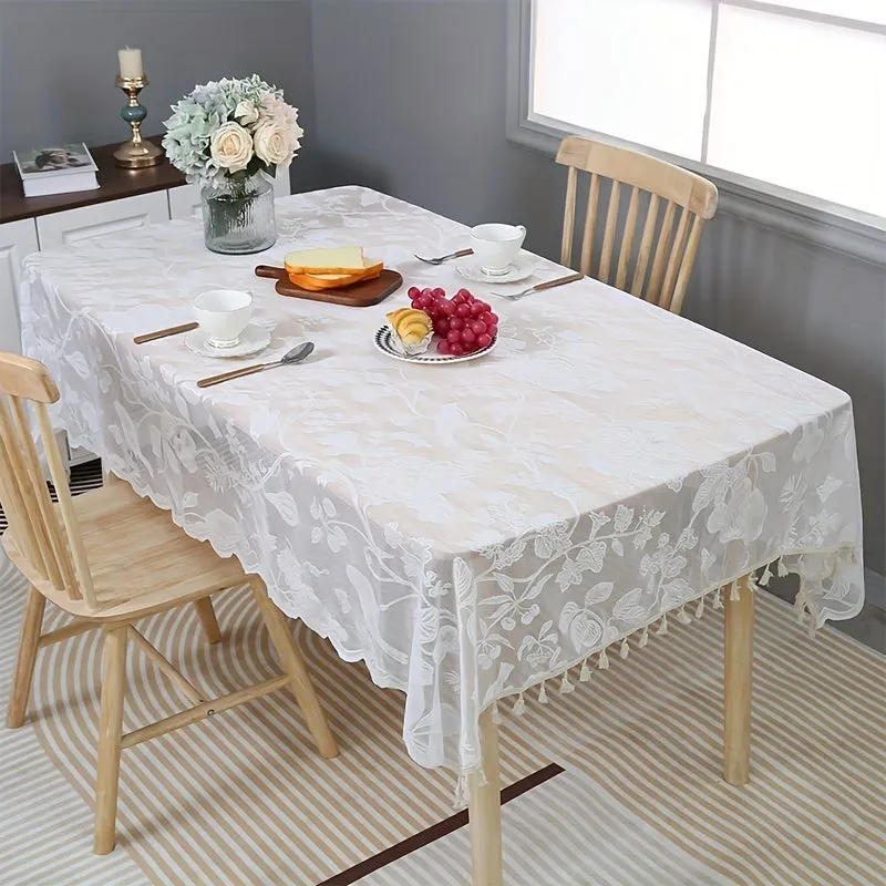 1pc Exquisite Modernist Flower Lace Embroidered Rectangle Tablecloth - Stunning Polyester Tablecloths for Weddings, Parties, and Home Decor with Tassel and Elegant Design