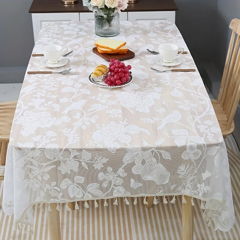 1pc Exquisite Modernist Flower Lace Embroidered Rectangle Tablecloth - Stunning Polyester Tablecloths for Weddings, Parties, and Home Decor with Tassel and Elegant Design