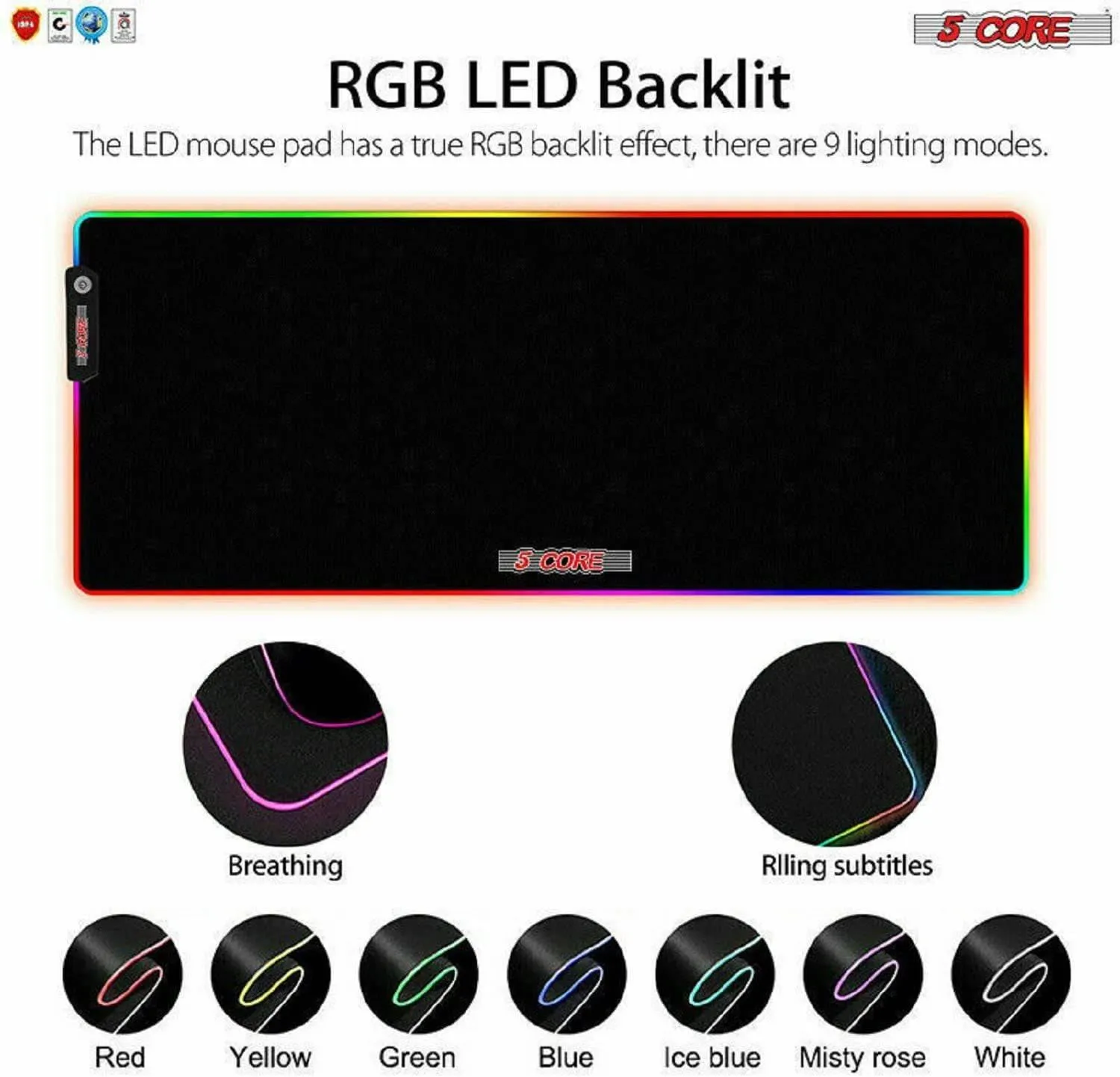 5 Core Large RGB Gaming Mouse Pad Extended Soft Gaming LED Mouse Pad