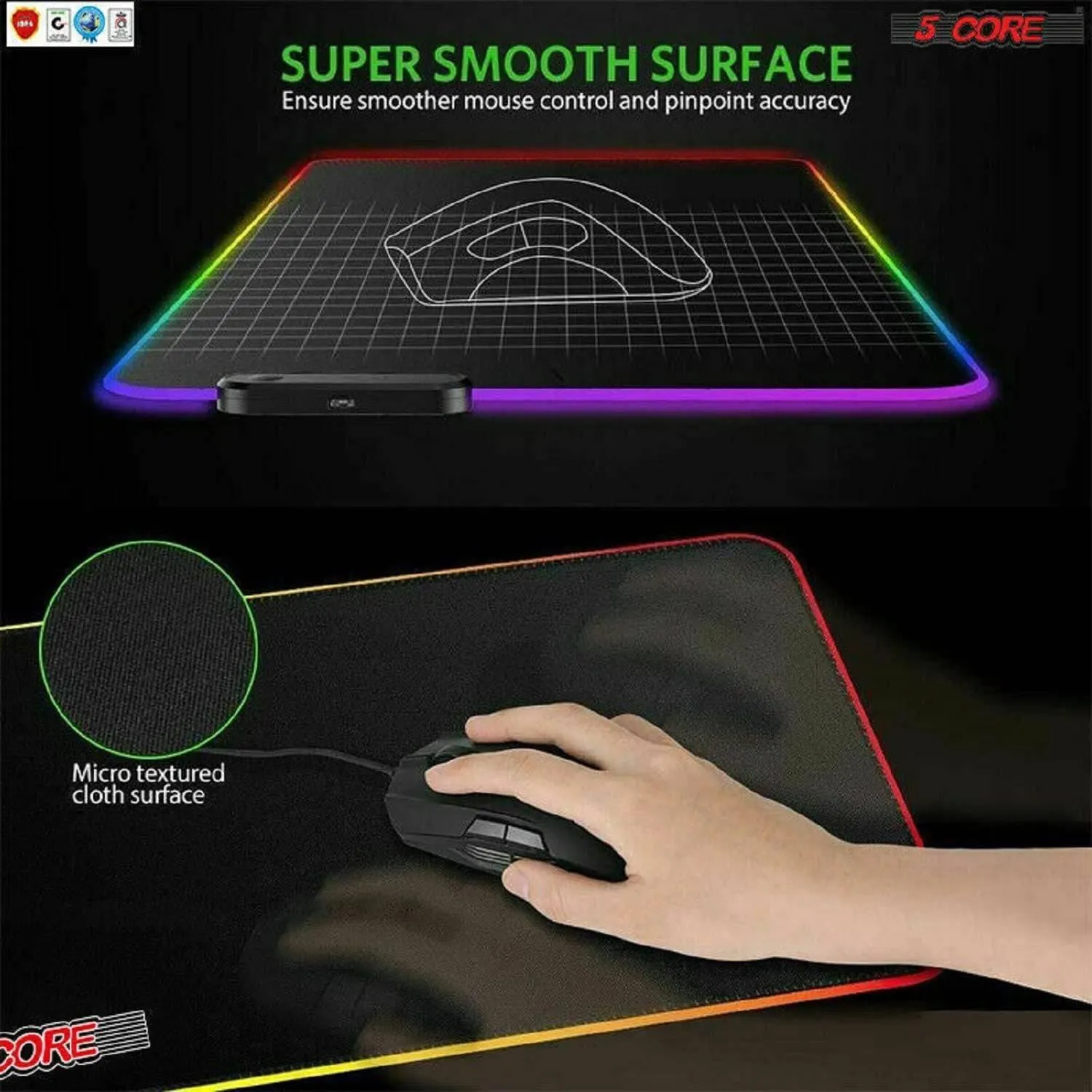 5 Core Large RGB Gaming Mouse Pad Extended Soft Gaming LED Mouse Pad