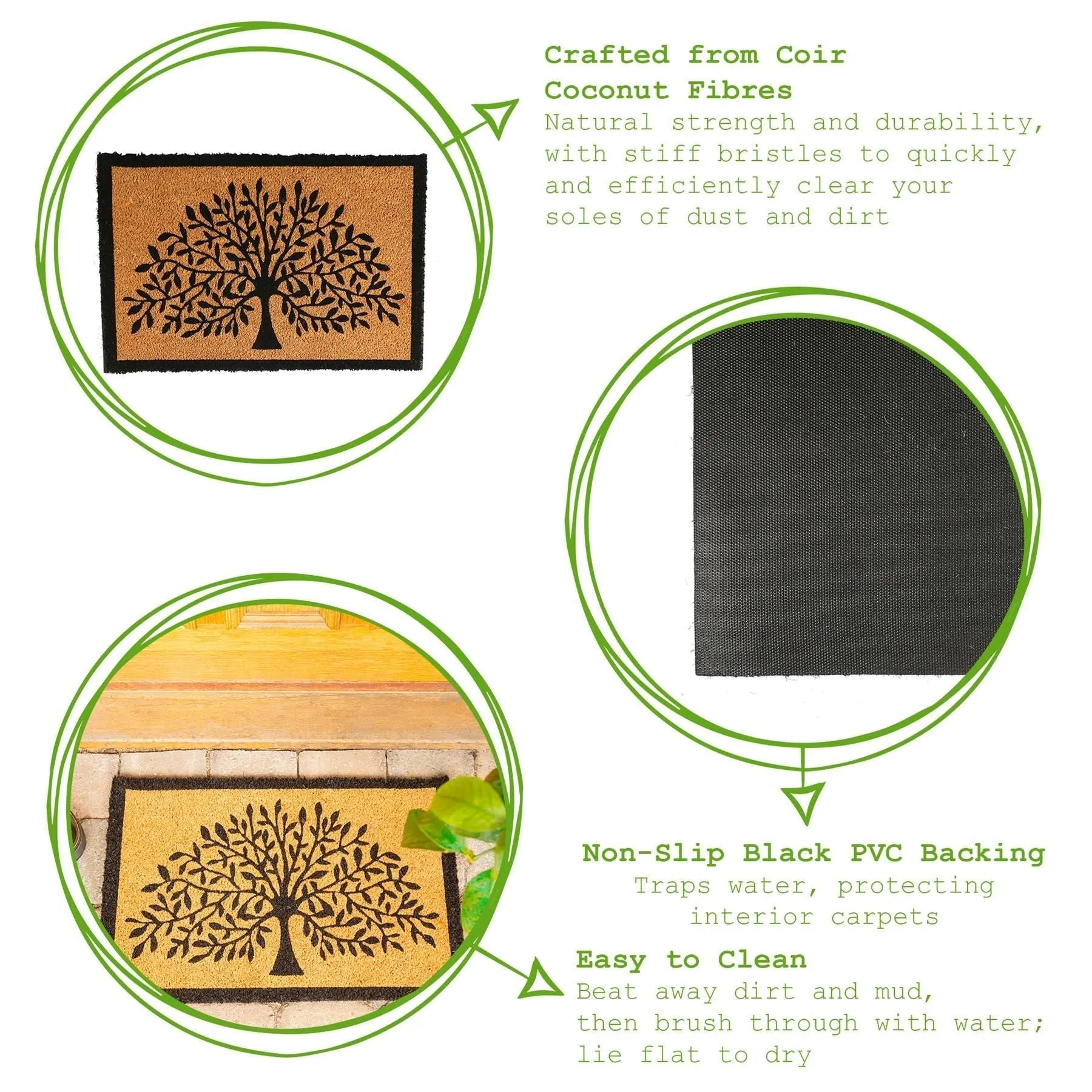 60cm x 40cm Black Tree of Life Coir Door Mat - By Nicola Spring