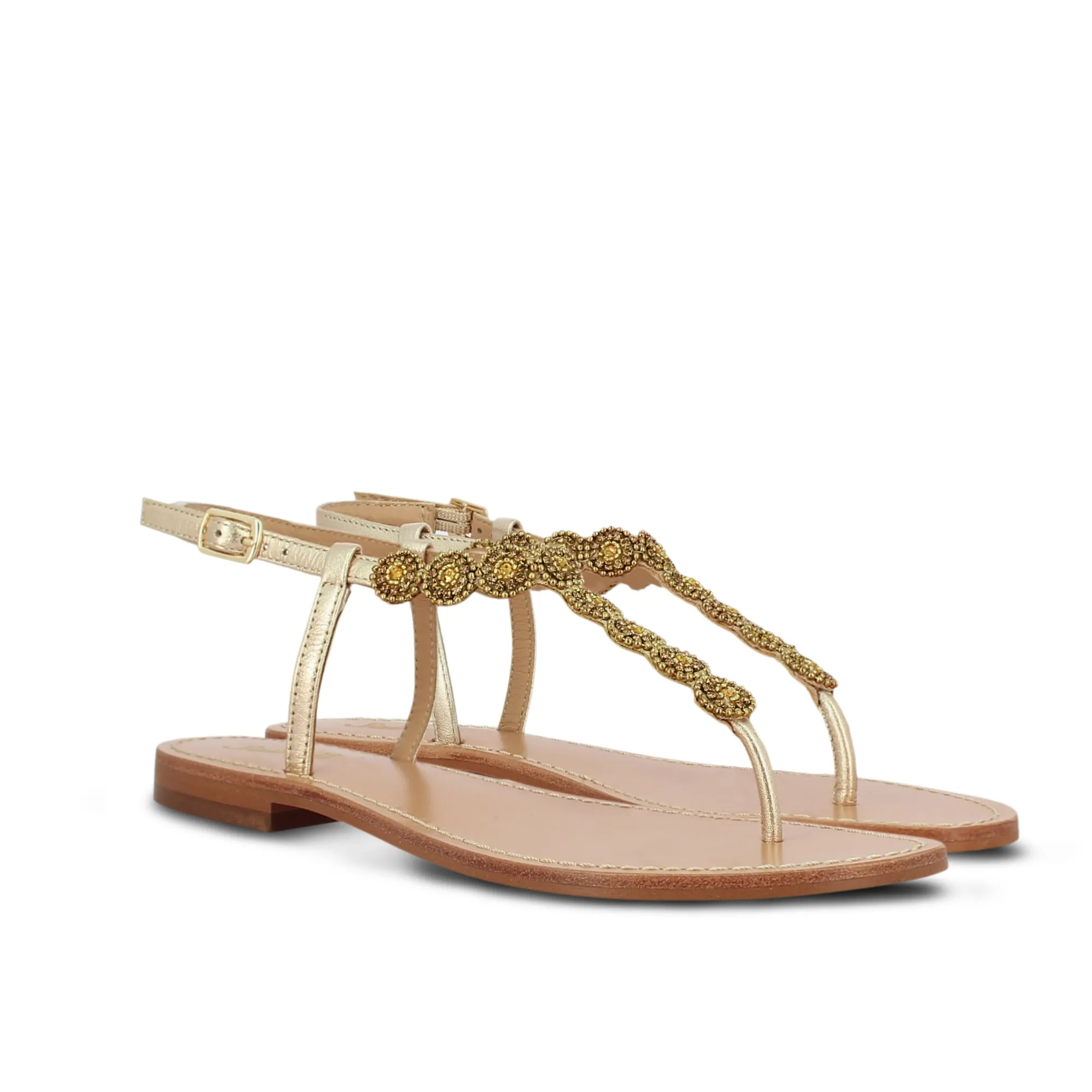 Alcina Platin Leather Gold Embroidered Flat Sandals