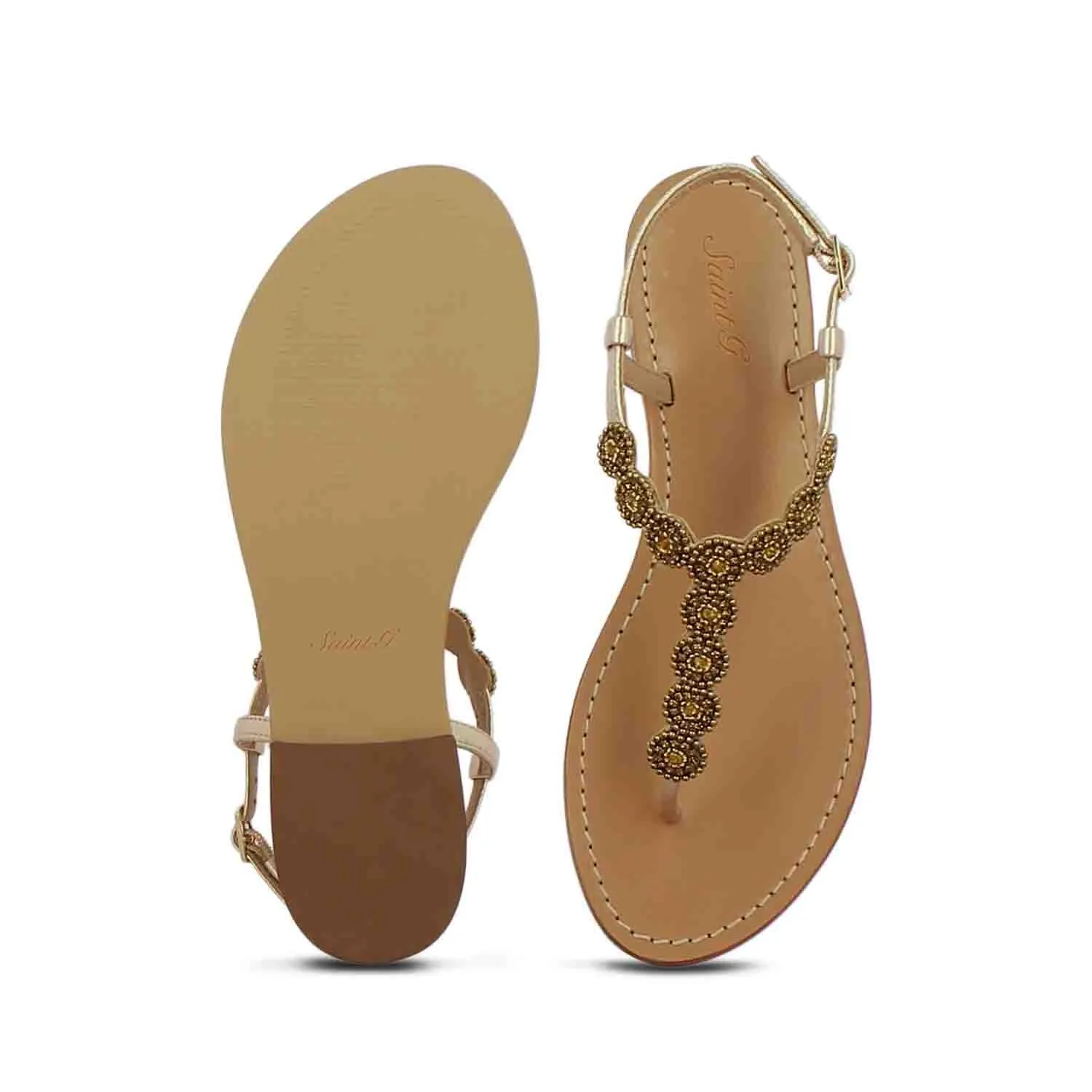 Alcina Platin Leather Gold Embroidered Flat Sandals