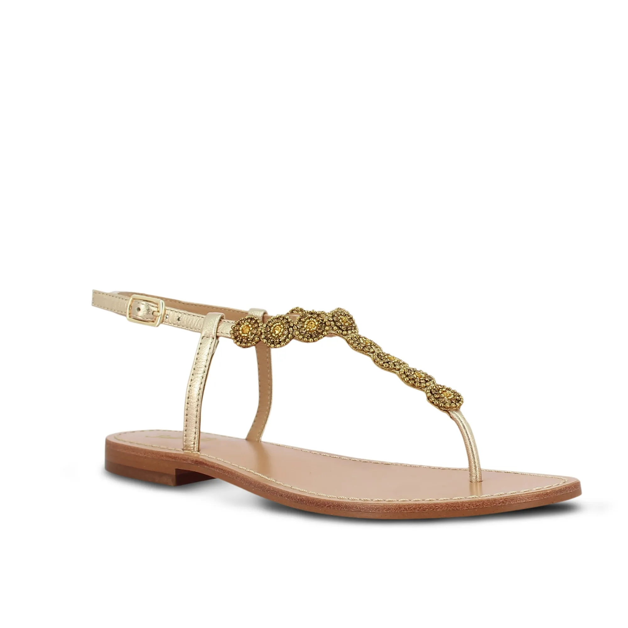 Alcina Platin Leather Gold Embroidered Flat Sandals