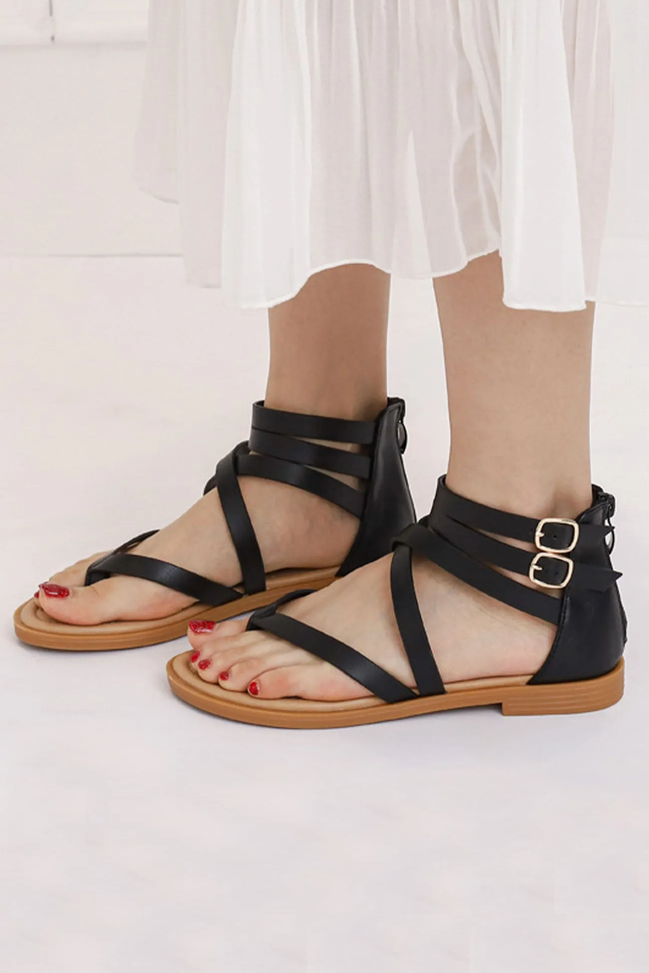 Amozae-Buckle Ankle Strap Zipper Thong Sandals