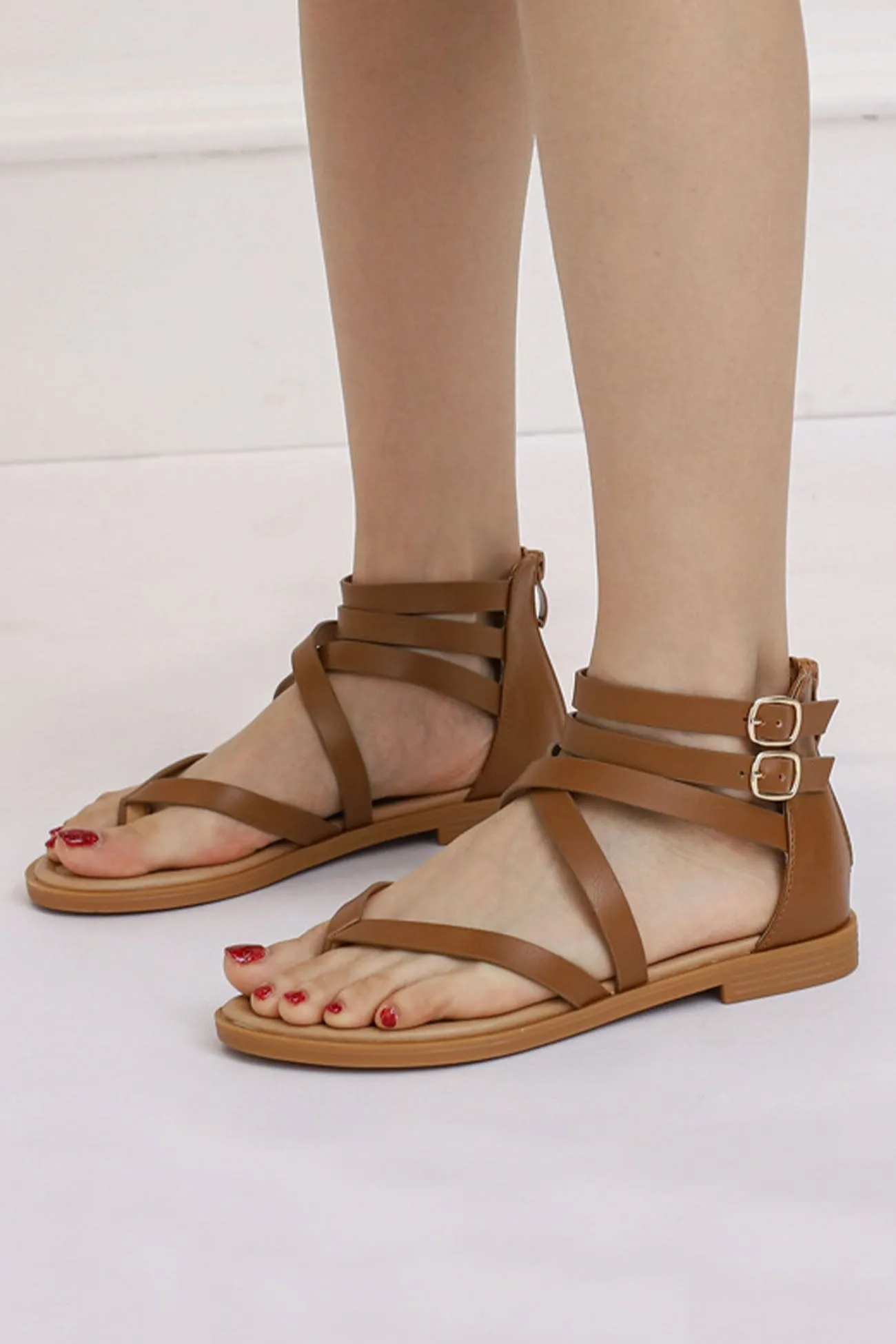 Amozae-Buckle Ankle Strap Zipper Thong Sandals