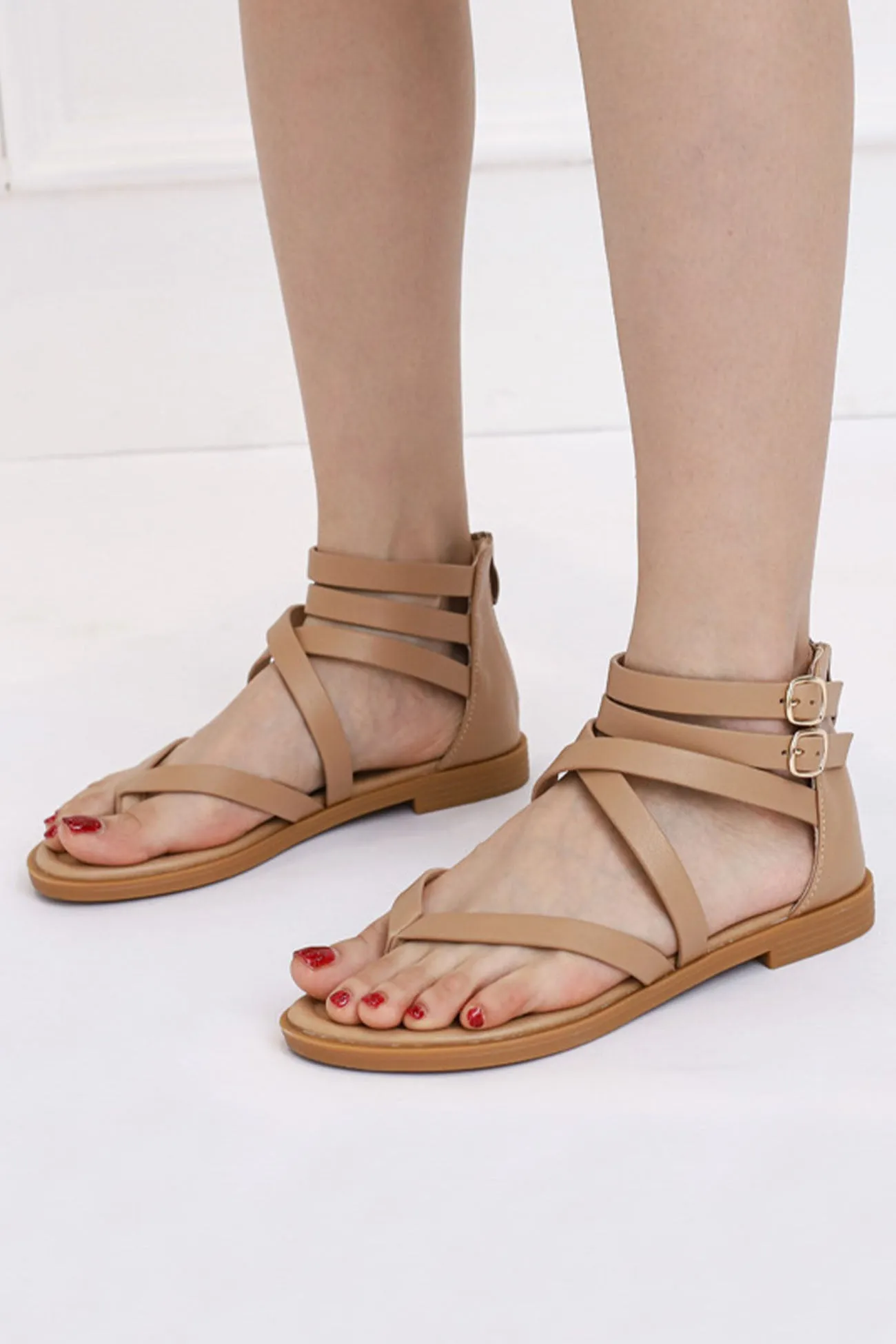 Amozae-Buckle Ankle Strap Zipper Thong Sandals