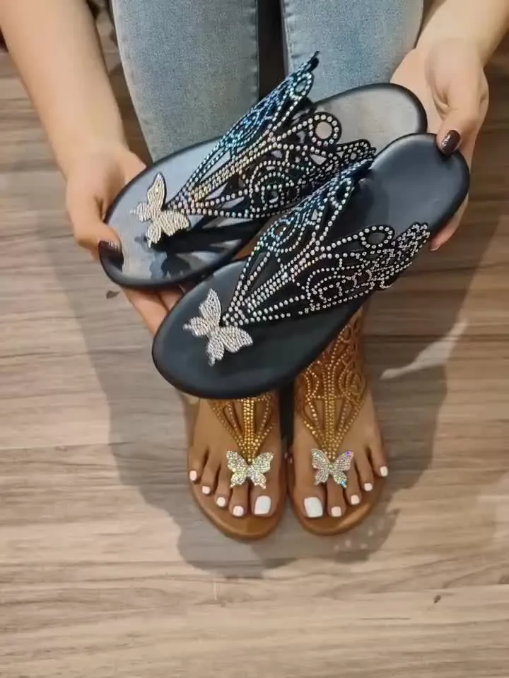 Amozae-Shimmering Rhinestone Butterfly Slide Sandals - Fashion-Forward Casual Flip Flops for Summer - Lightweight, Breathable, and Quick-Dry Flat Shoes with Adjustable Hollow Out Design