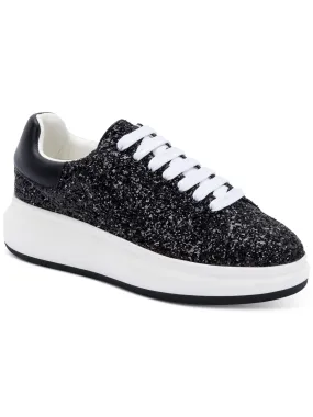 AQUA COLLEGE Womens Black Mixed Media Glitter Waterproof Darcy Round Toe Platform Lace-Up Leather Sneakers Shoes M