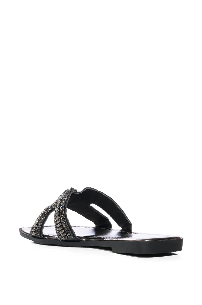 AZALEA WANG MADIHA BLACK EMBELLISHED FLAT SANDAL