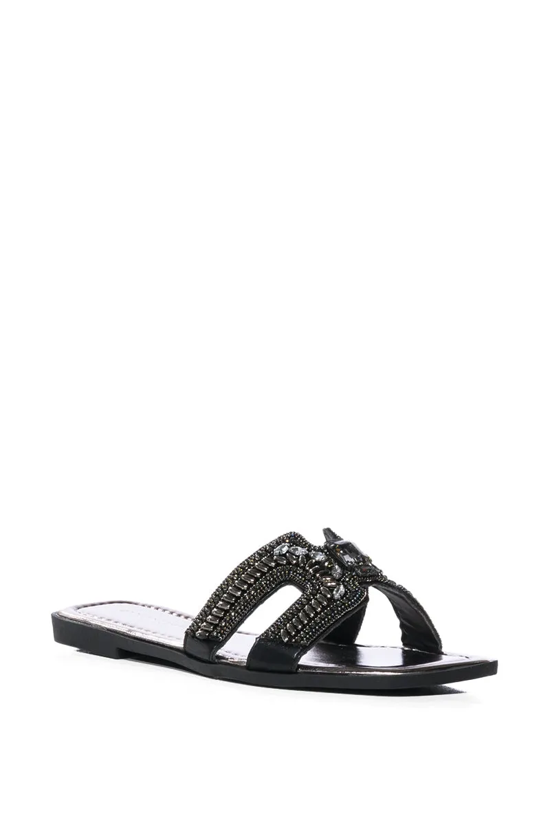 AZALEA WANG MADIHA BLACK EMBELLISHED FLAT SANDAL