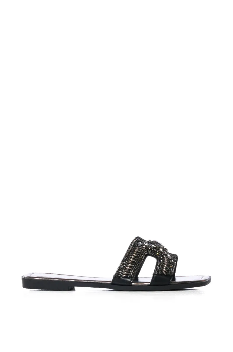 AZALEA WANG MADIHA BLACK EMBELLISHED FLAT SANDAL