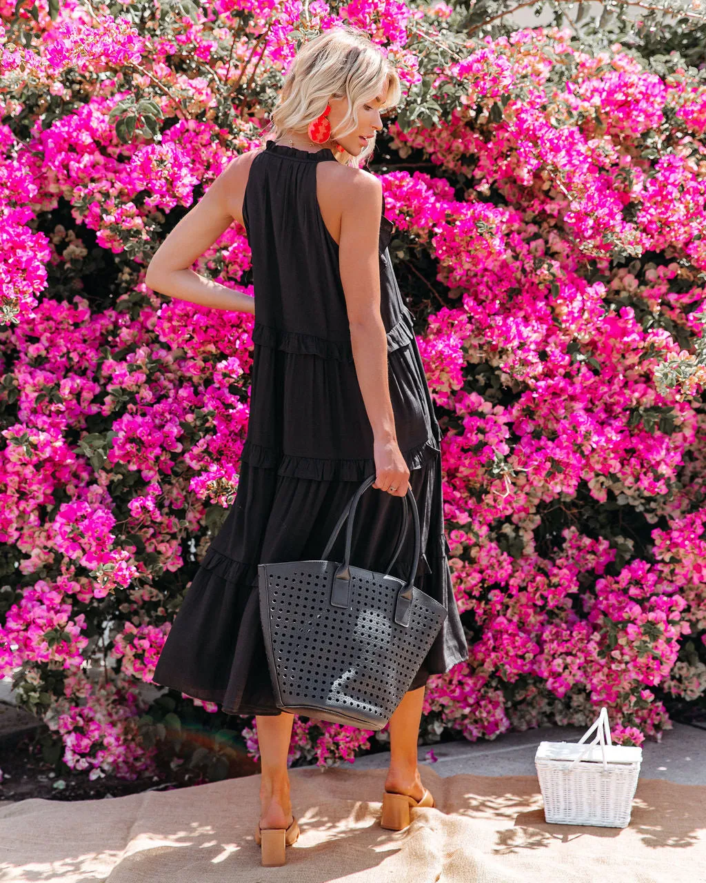 Ballard Cotton Blend Pocketed Tiered Midi Dress - Black