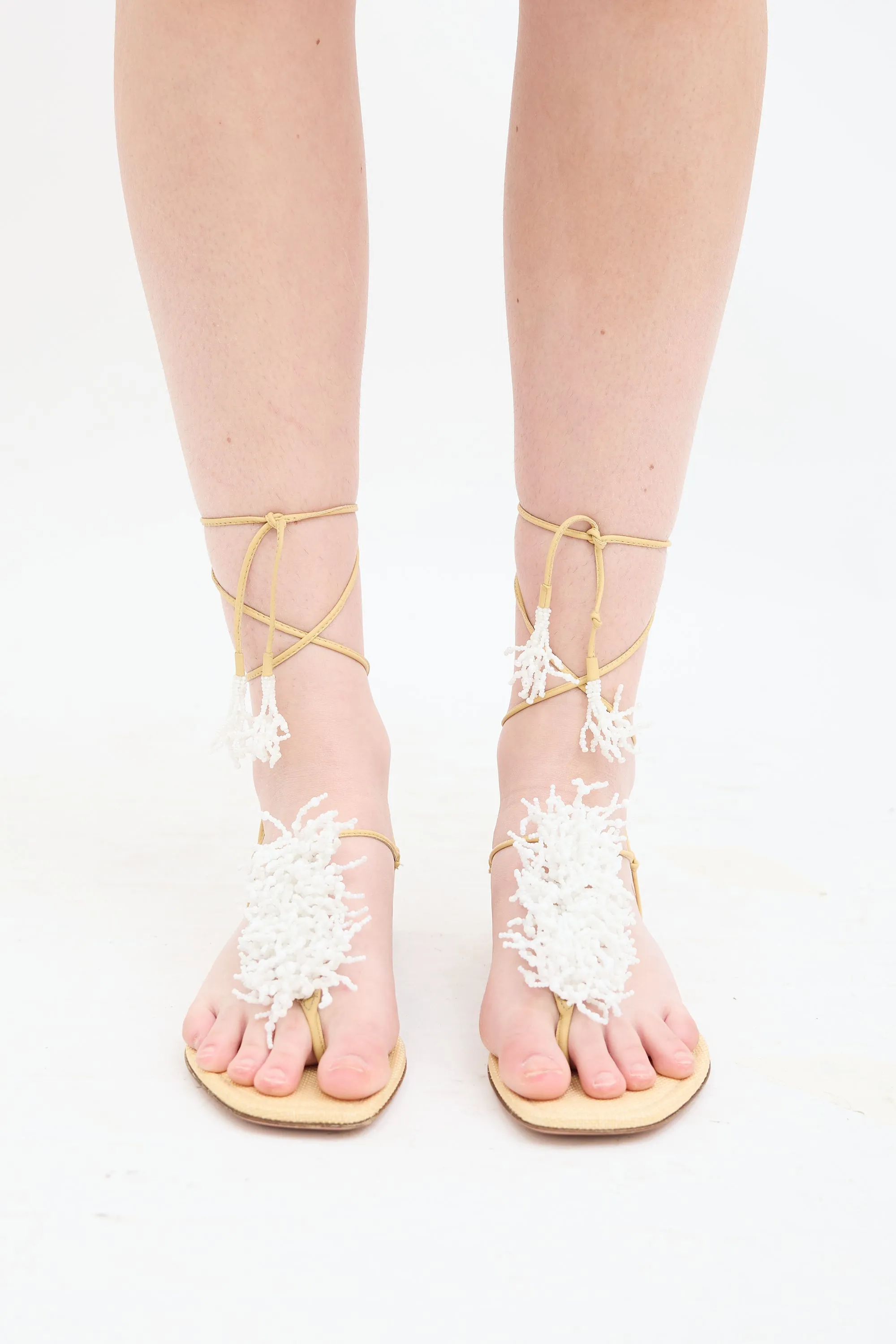 Beige & White Beaded Fringe Sandal