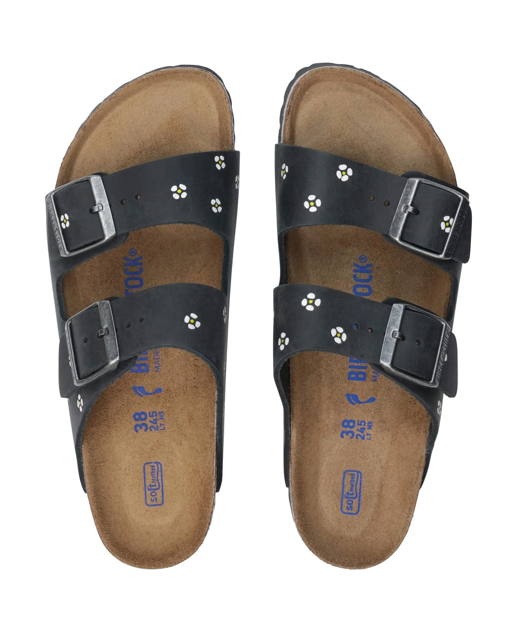 BIRKENSTOCK Arizona with Hand Painted Tooled Daisy. -- Black Oiled Leather with Cream