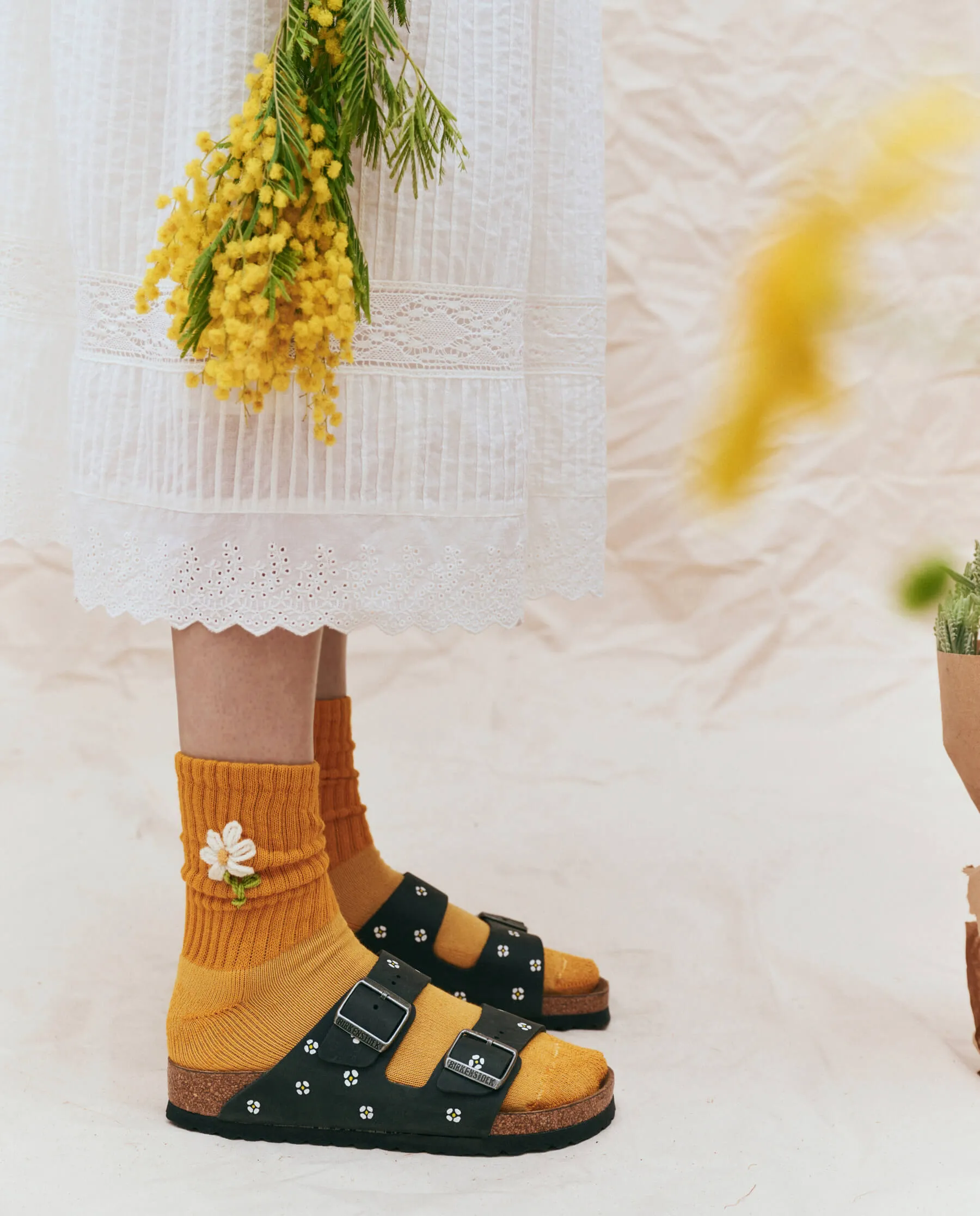 BIRKENSTOCK Arizona with Hand Painted Tooled Daisy. -- Black Oiled Leather with Cream