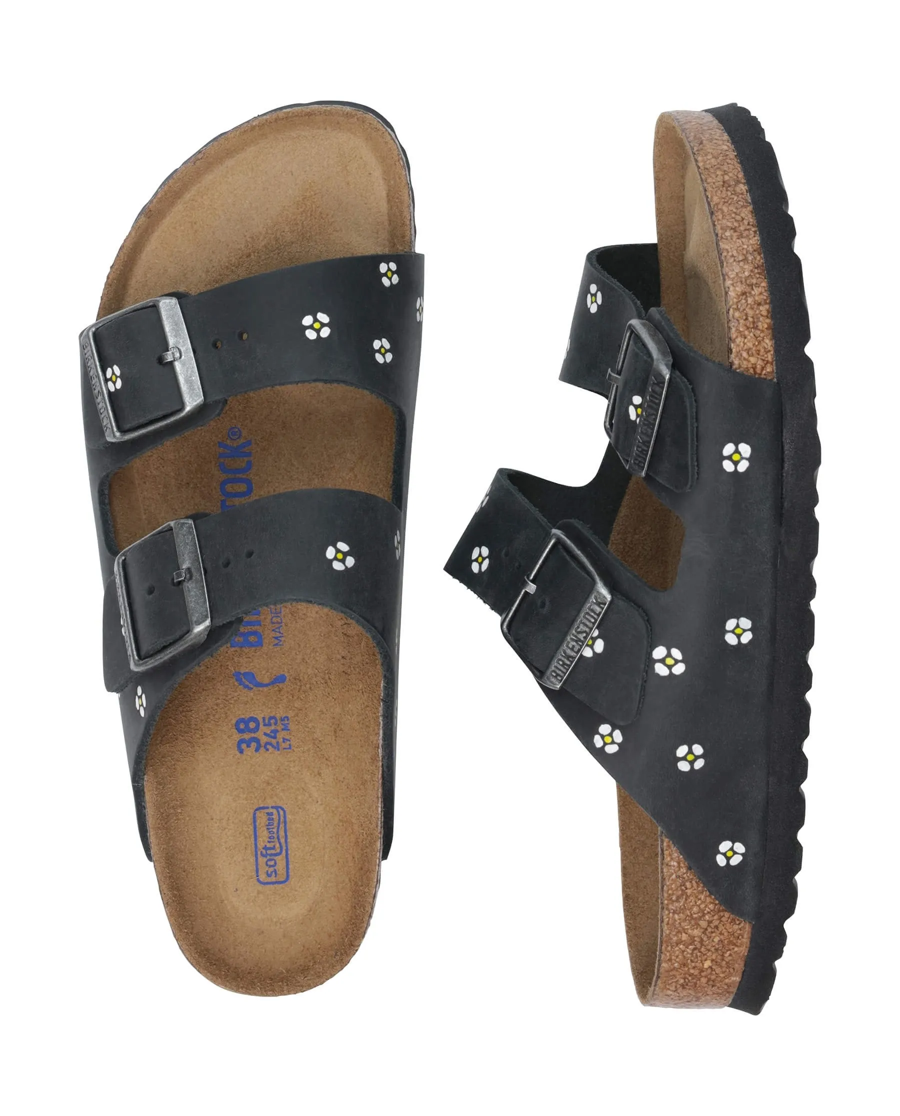 BIRKENSTOCK Arizona with Hand Painted Tooled Daisy. -- Black Oiled Leather with Cream