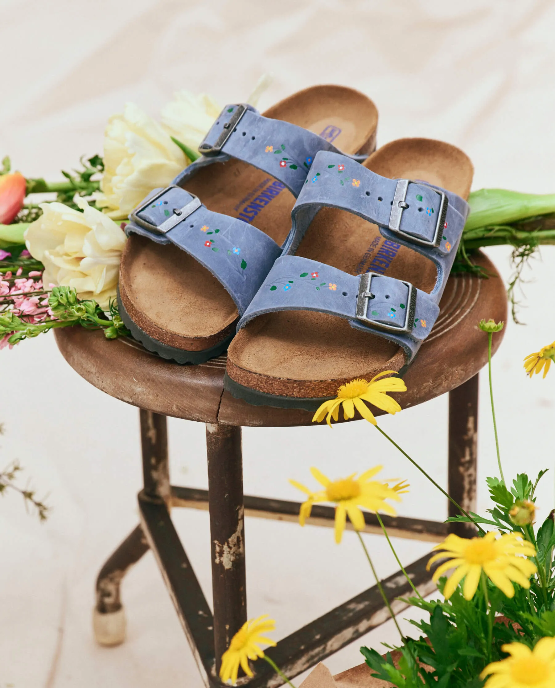 BIRKENSTOCK Arizona with Hand Painted Tooled Vine. -- Dusty Blue Oiled Leather with Multi