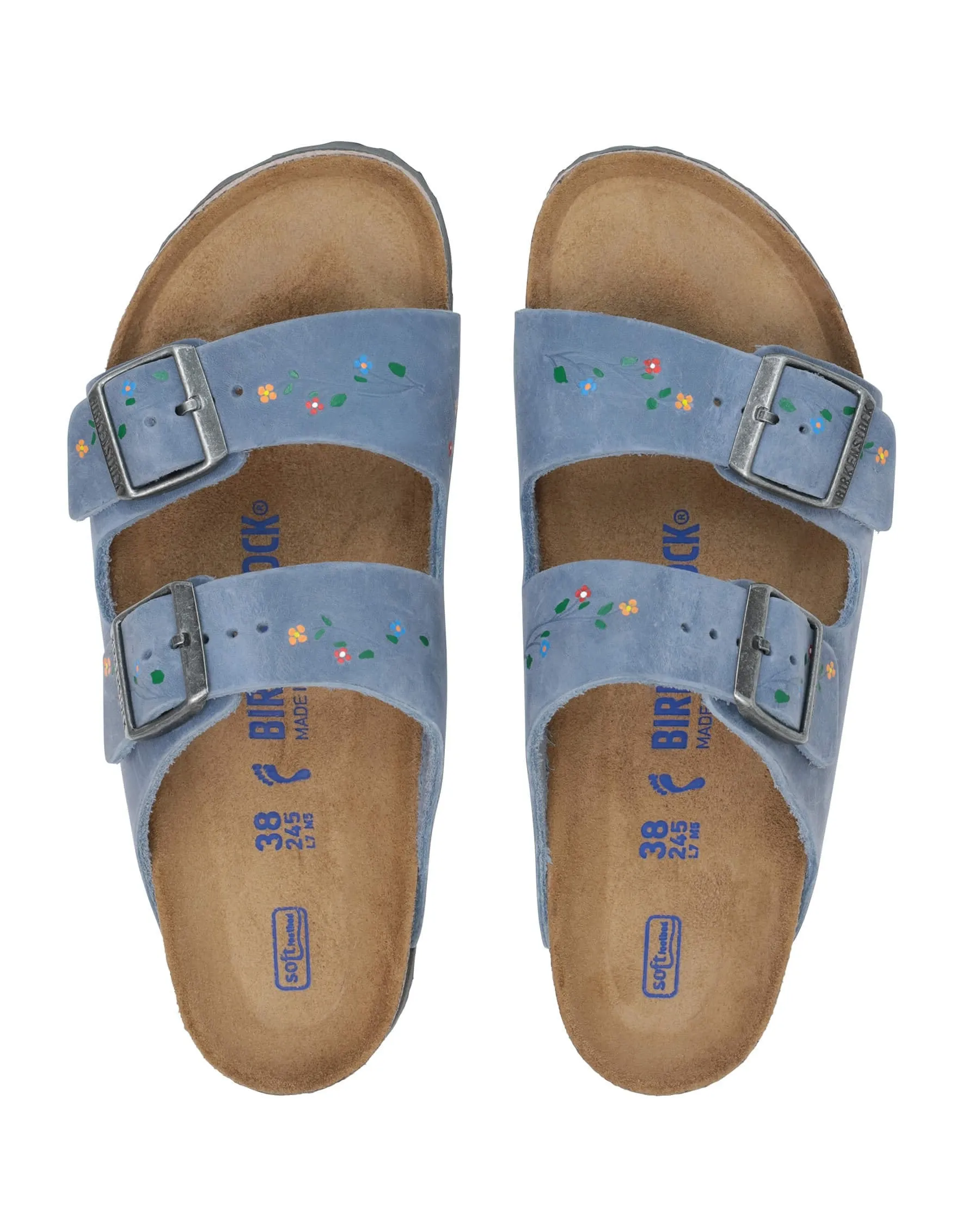 BIRKENSTOCK Arizona with Hand Painted Tooled Vine. -- Dusty Blue Oiled Leather with Multi