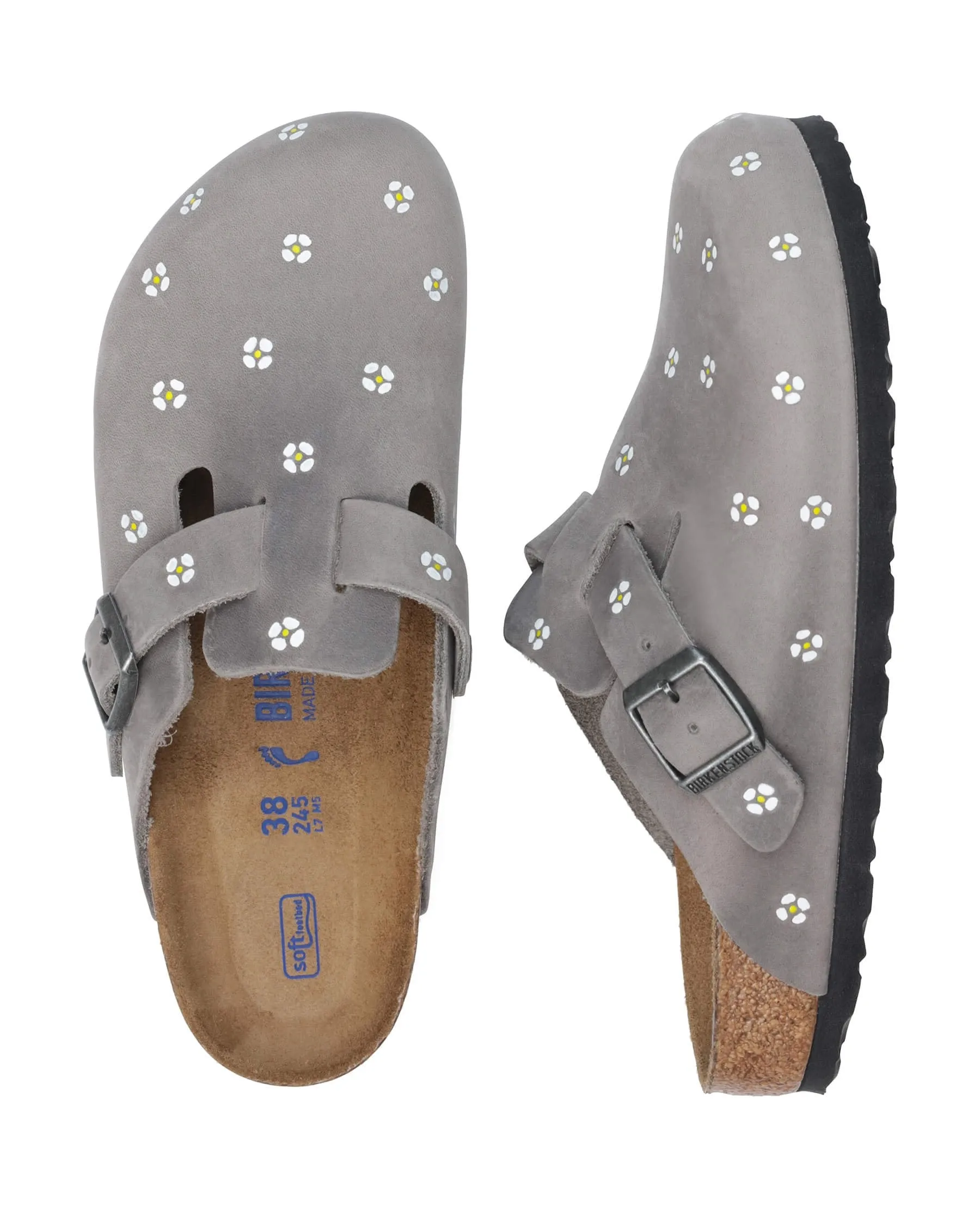 BIRKENSTOCK Boston with Hand Painted Tooled Daisy. -- Iron Oiled Leather with Cream