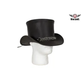 Black Leather Deadman Top Hat with Chrome Chain