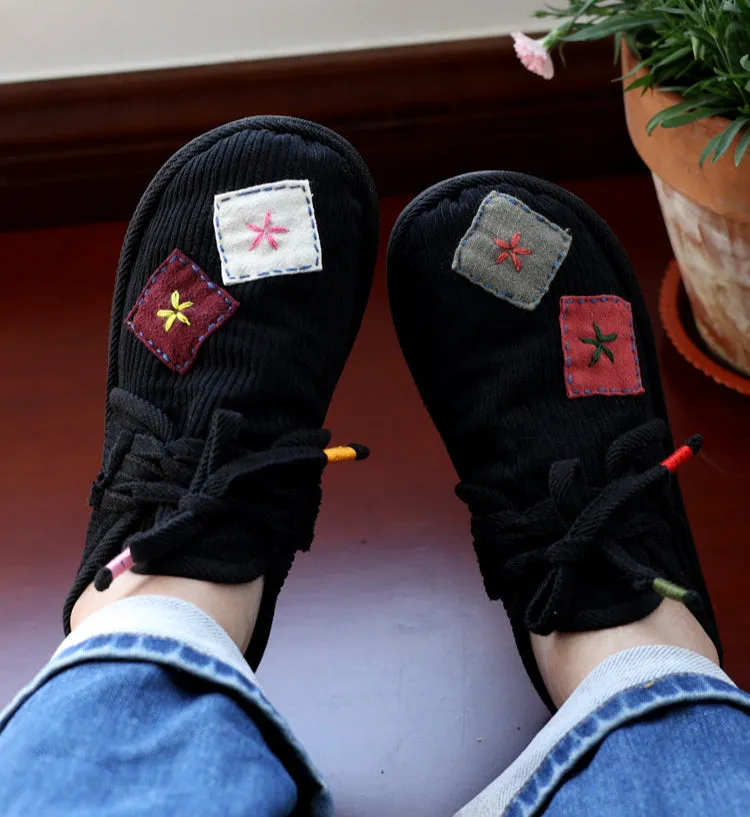 Black Winter Handmade Embroidered Patchwork Warm Cotton Cloth Shoes