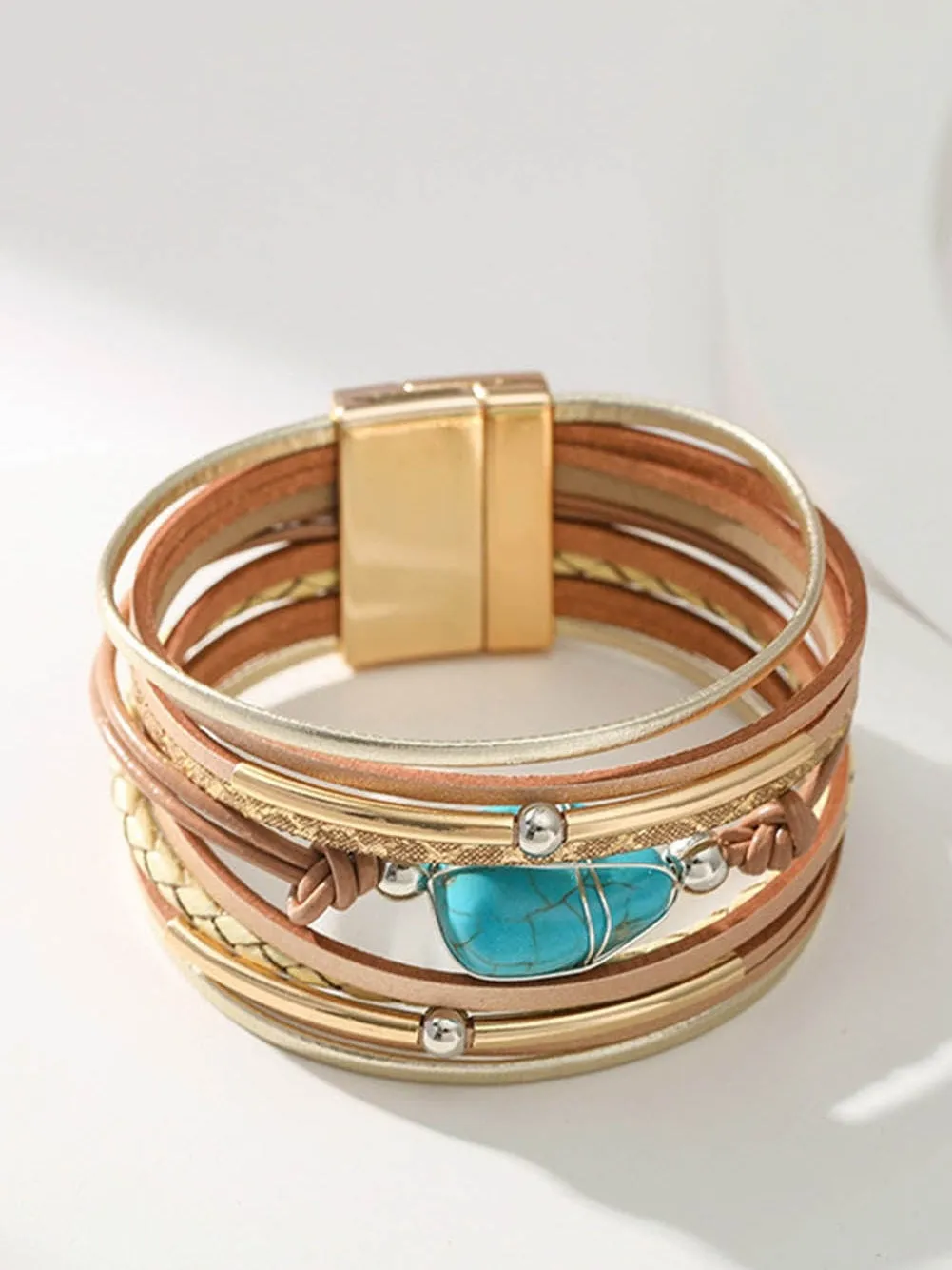 Bohemian Turquoise Leather Layered Bracelet with Beads