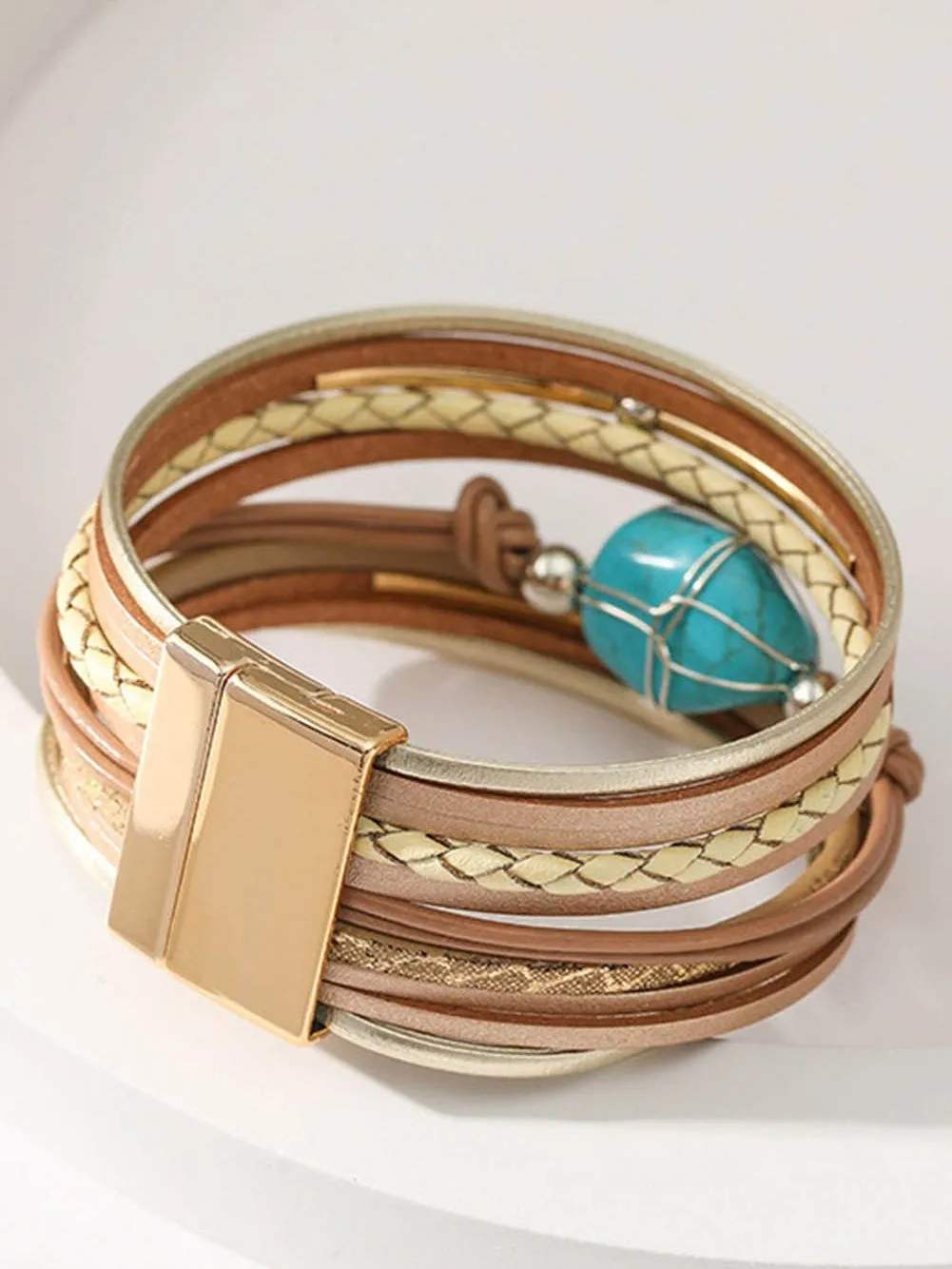 Bohemian Turquoise Leather Layered Bracelet with Beads