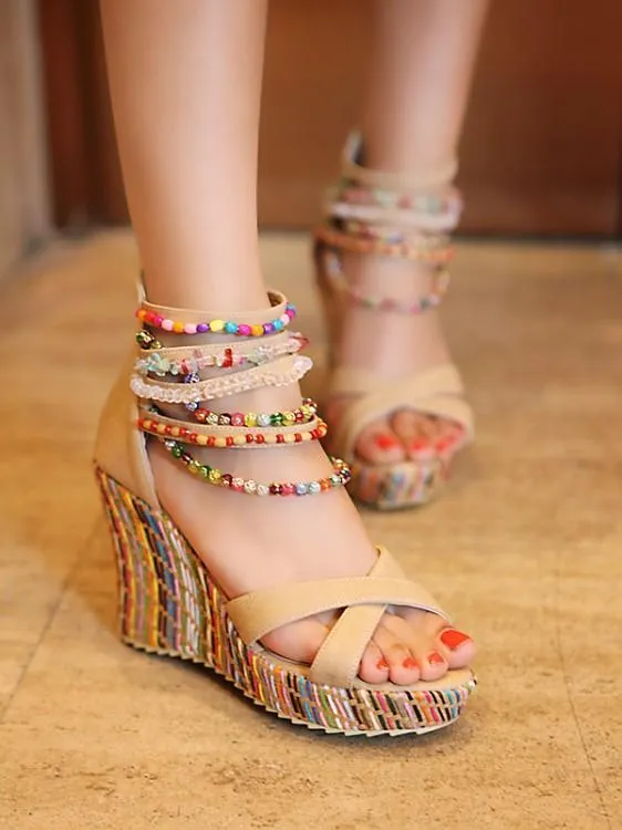 Bohemian Wedge Beaded Large Sandals