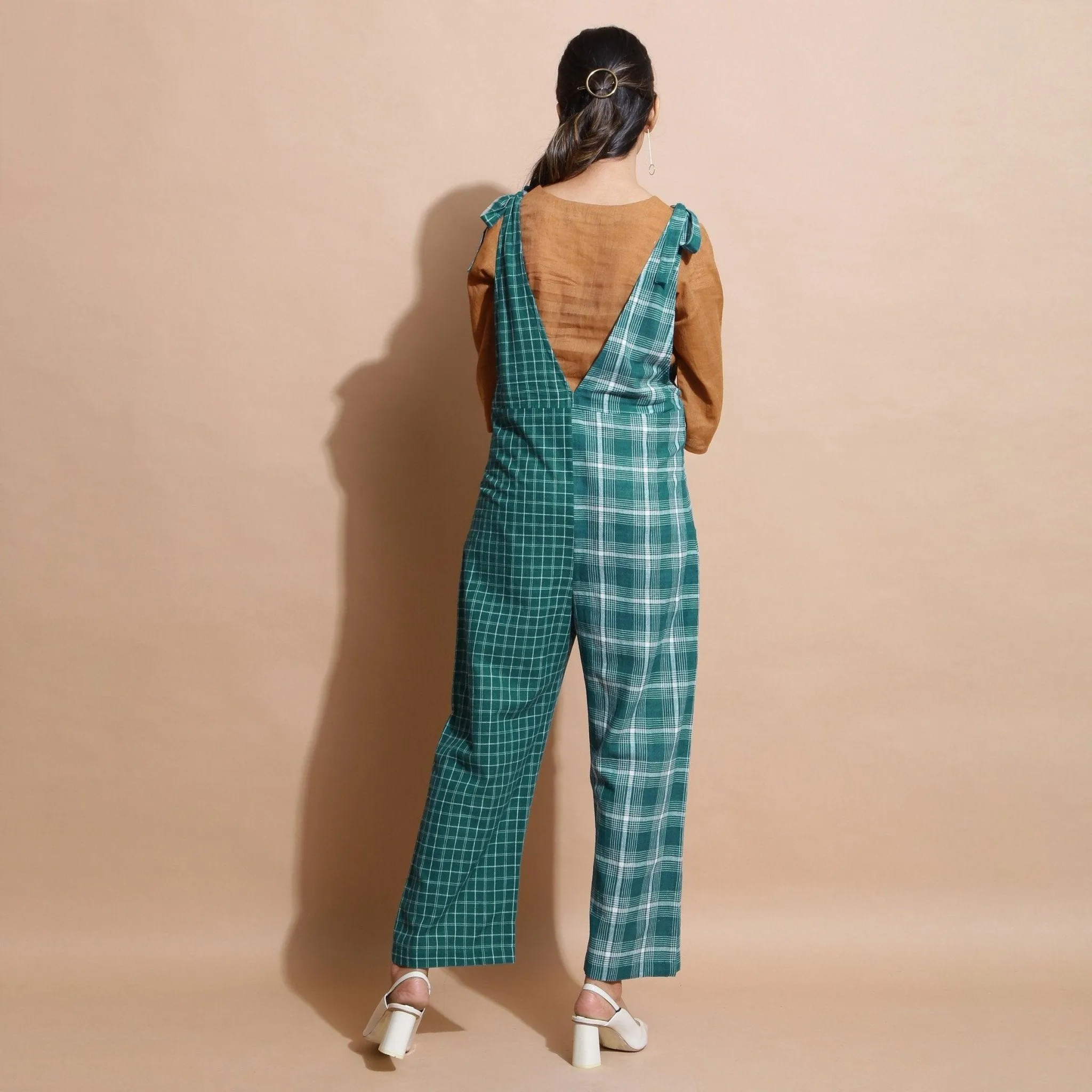 Bottle Green Check Handspun Cotton Ankle Length Dungaree