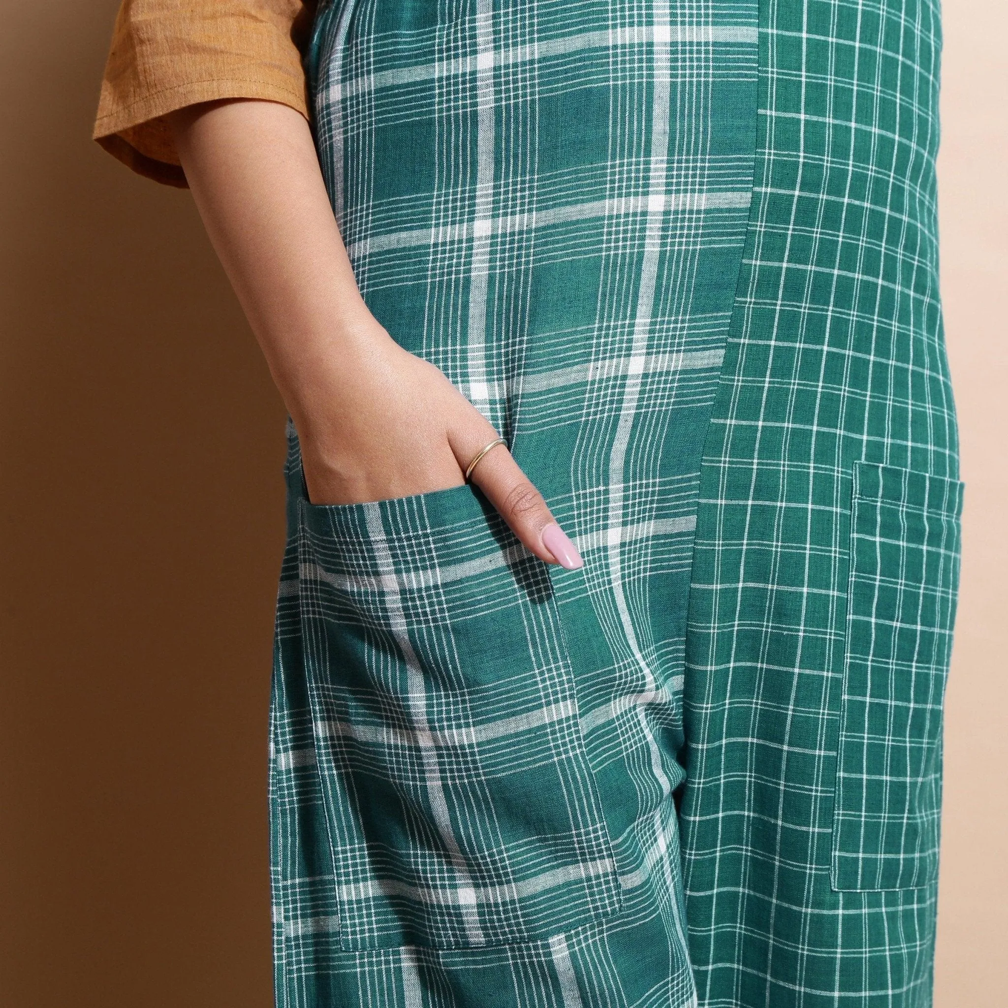 Bottle Green Check Handspun Cotton Ankle Length Dungaree