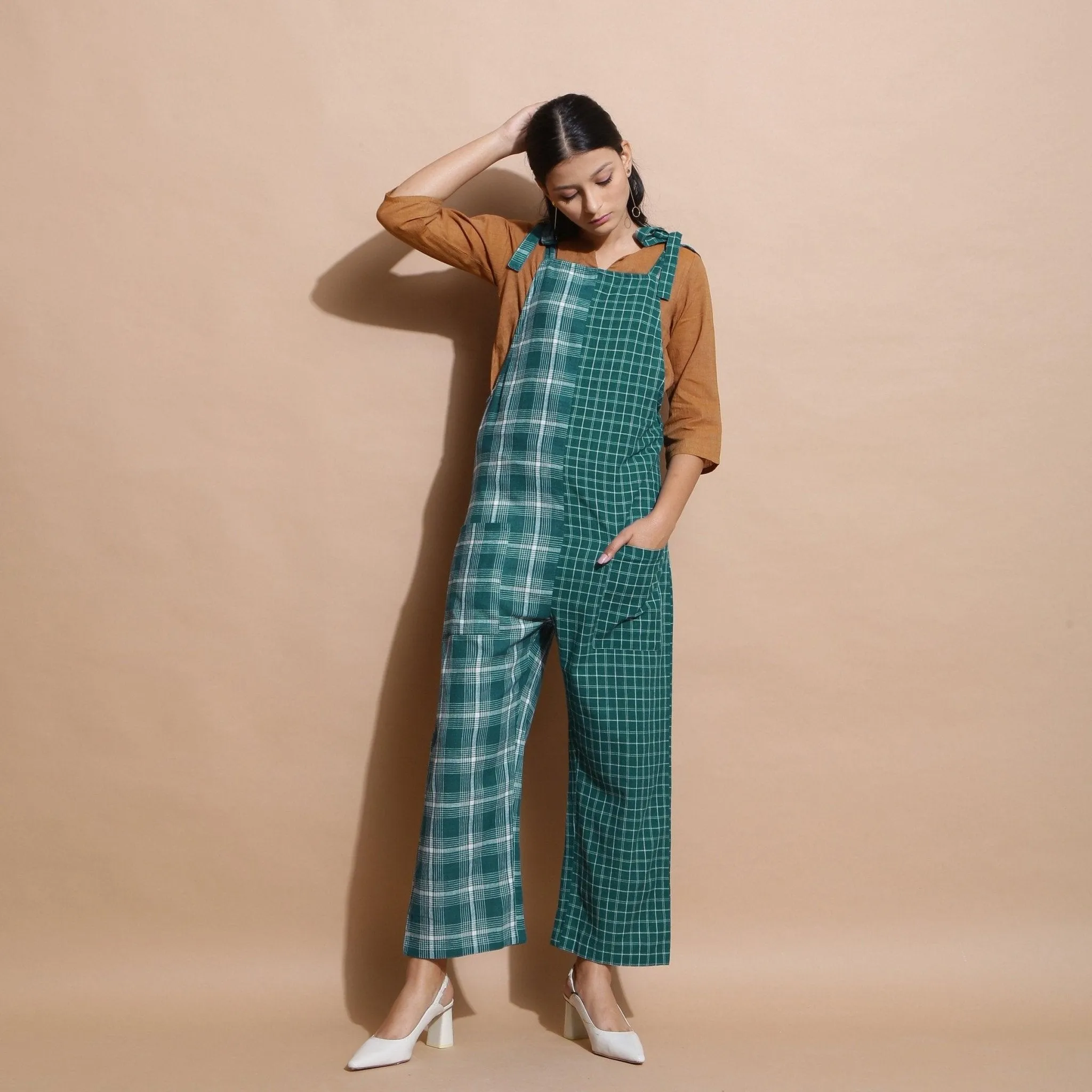 Bottle Green Check Handspun Cotton Ankle Length Dungaree