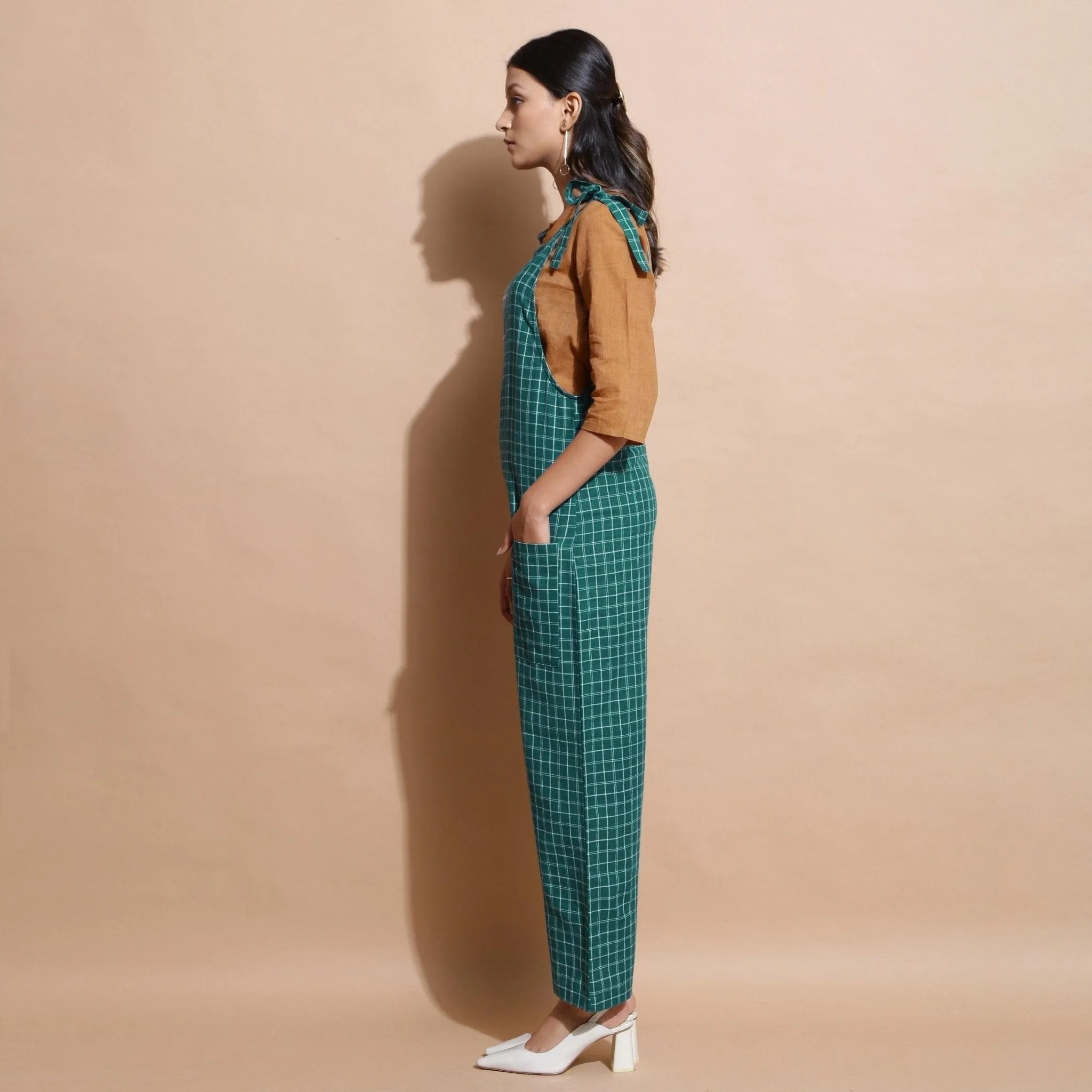 Bottle Green Check Handspun Cotton Ankle Length Dungaree