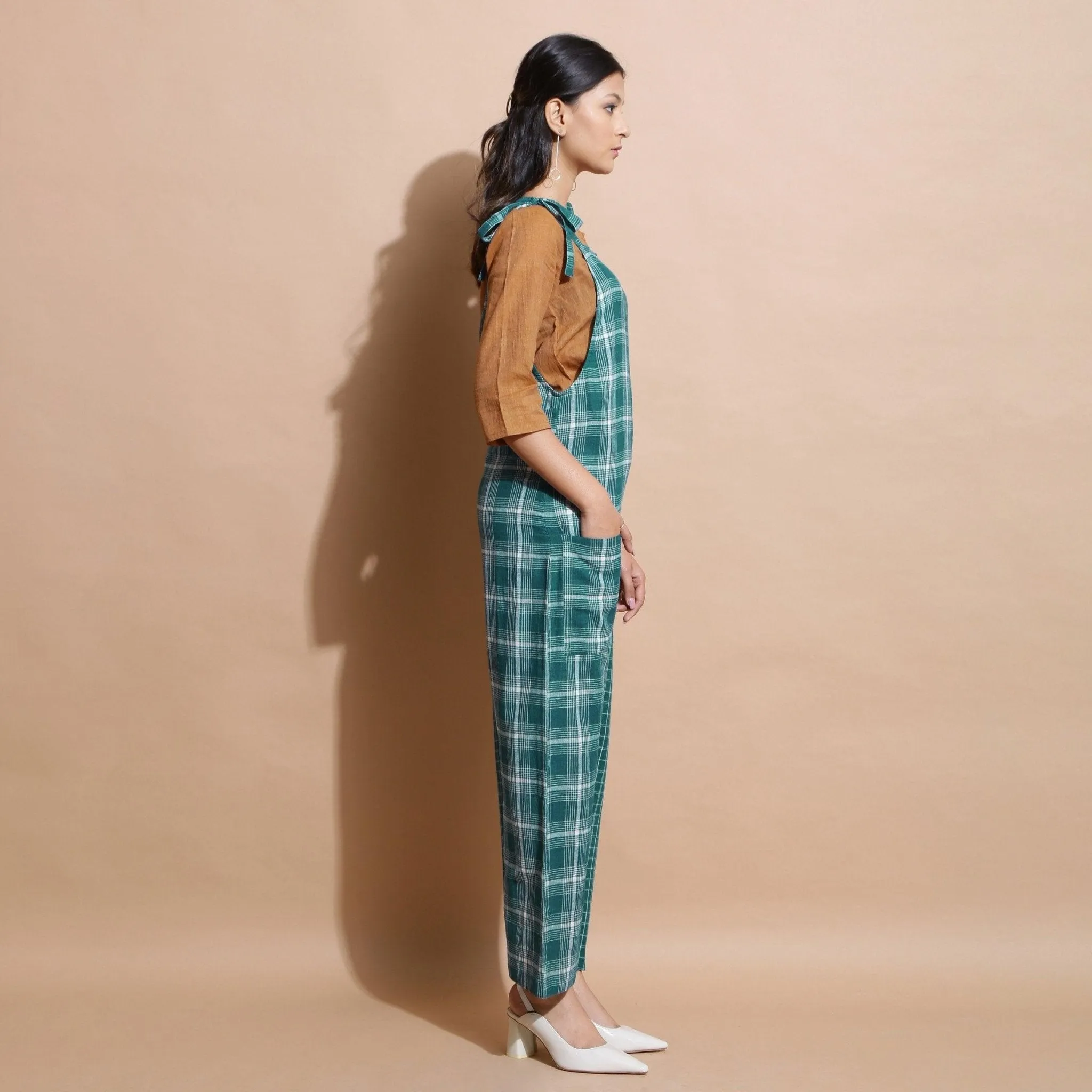 Bottle Green Check Handspun Cotton Ankle Length Dungaree