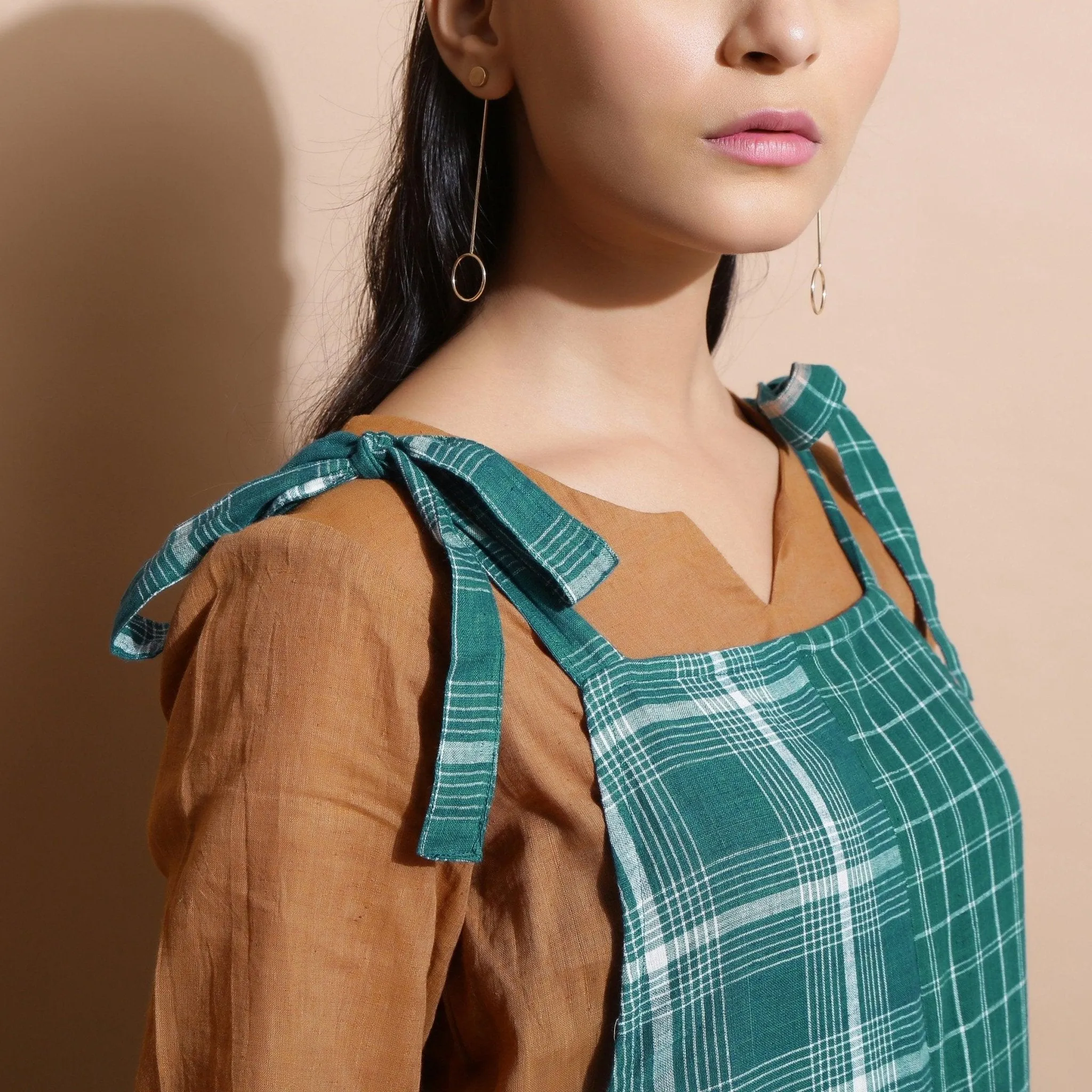 Bottle Green Check Handspun Cotton Ankle Length Dungaree