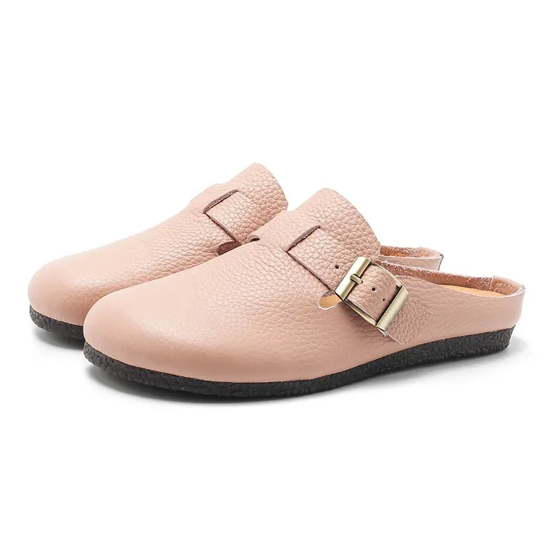 Buckle-fastening Detailed Leather Mules for Women Backless Sandals in 6 Colors