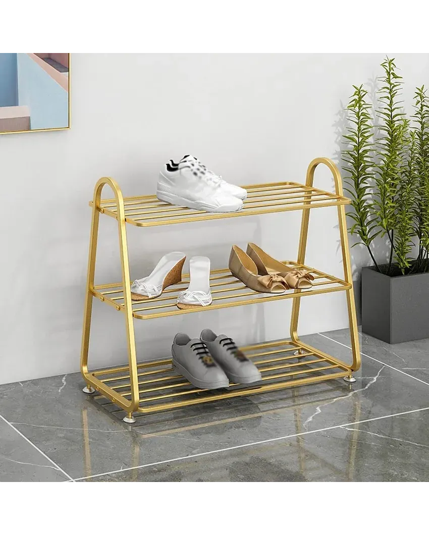 Chic 3 Tier Triangle Metal Shoe Rack In Gold Finish | 24 x 10 x 21 inches