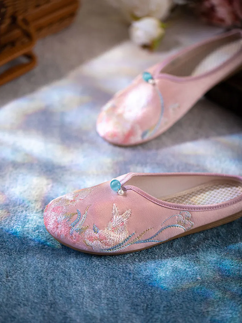 Chinese Style Rabbit and Peach Blossom Embroidered Shoes Slippers