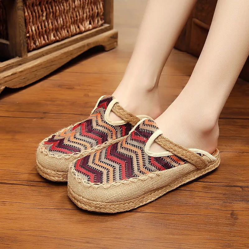 Colorful round toe shoes Thai handmade cloth shoes linen straw weaving art department college Style Slippers