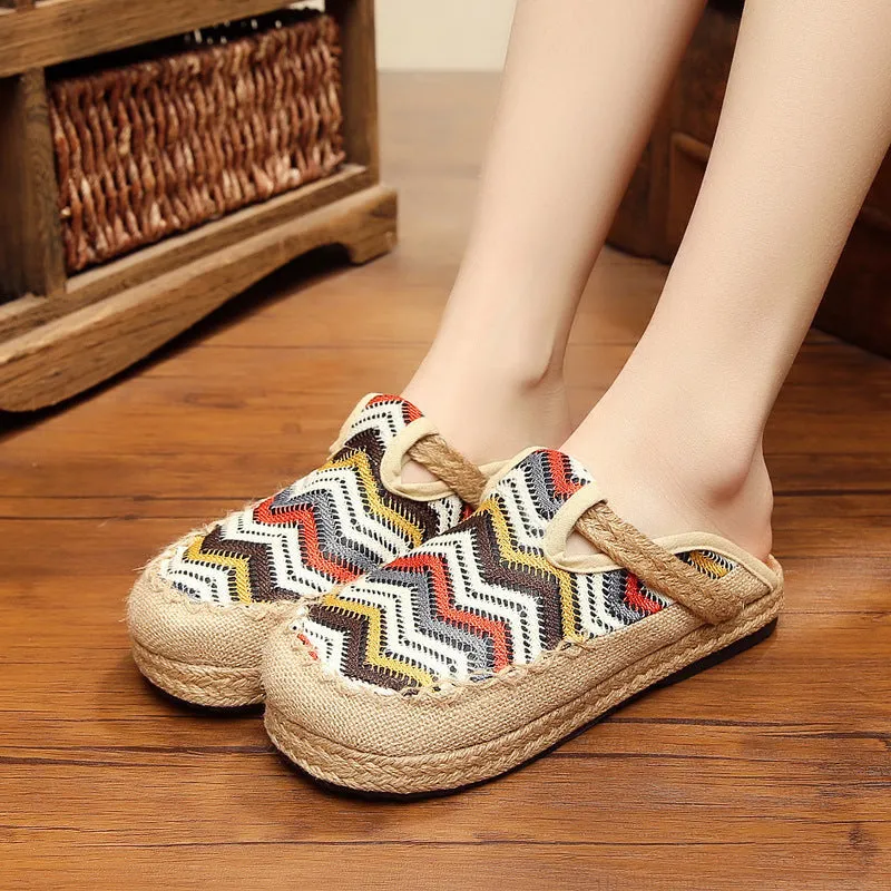 Colorful round toe shoes Thai handmade cloth shoes linen straw weaving art department college Style Slippers