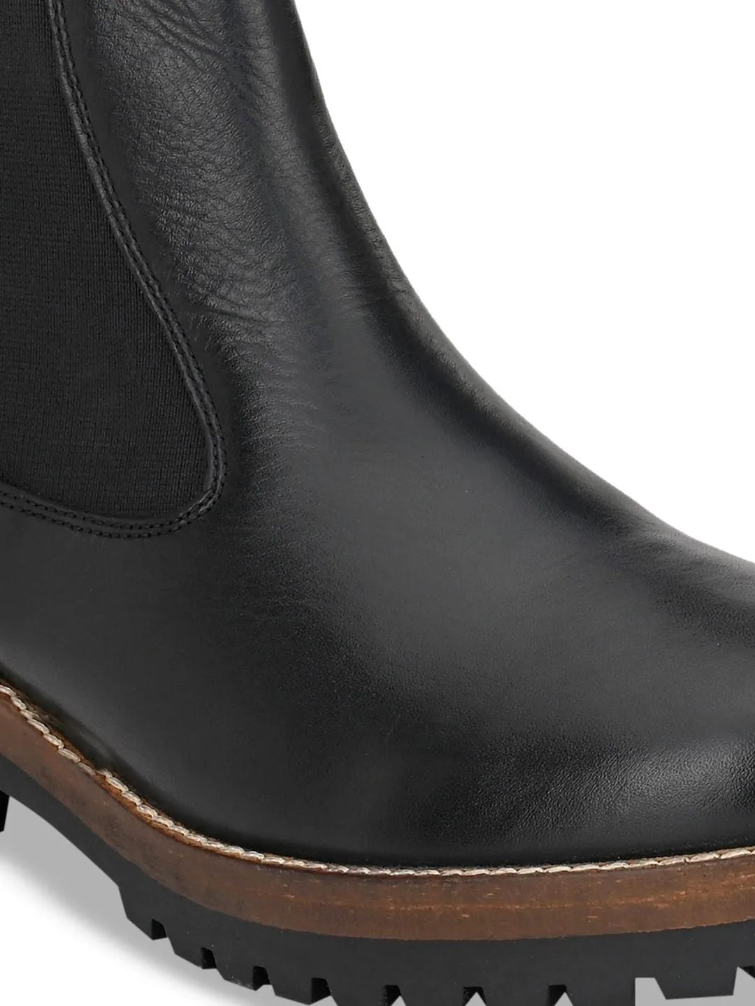 Delize Women Black Solid Leather Mid-Top Flat Boots