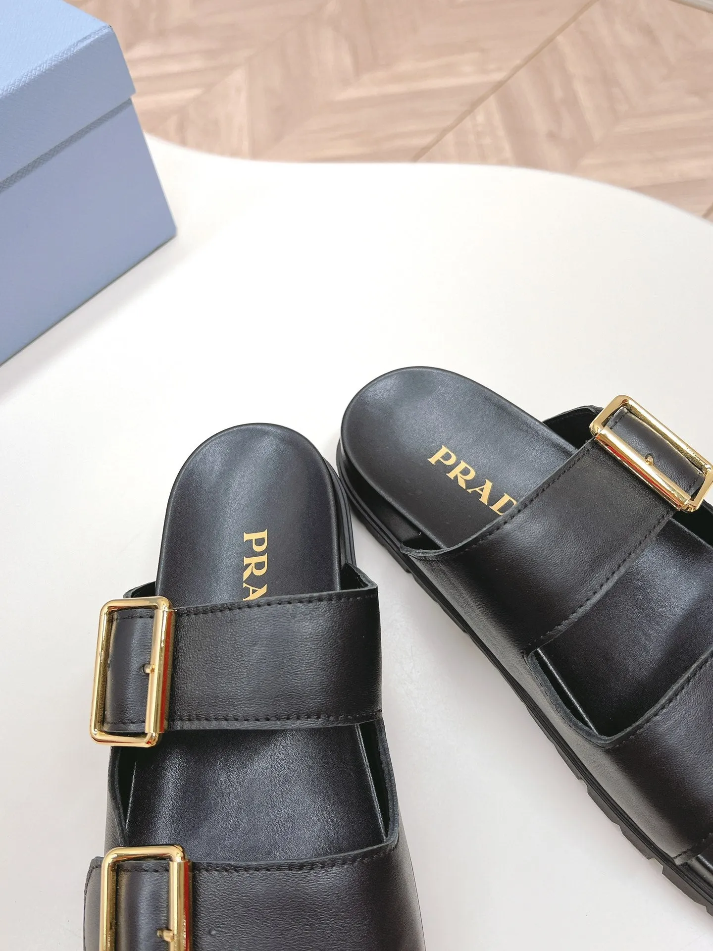 Double Buckle Strap Slides 20 Black Calfskin