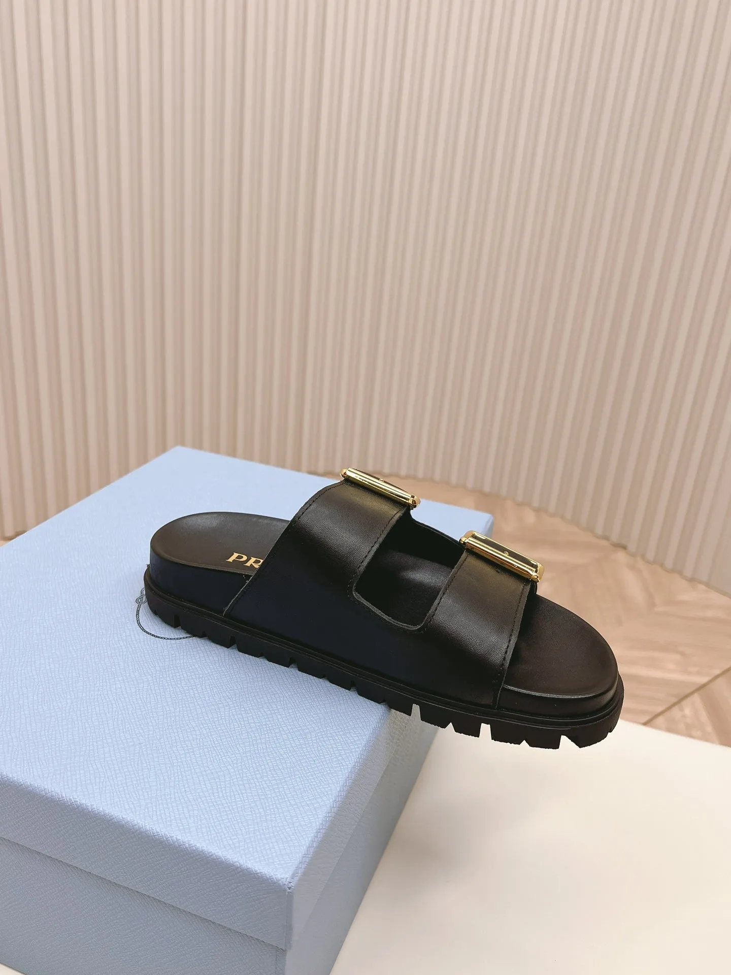 Double Buckle Strap Slides 20 Black Calfskin