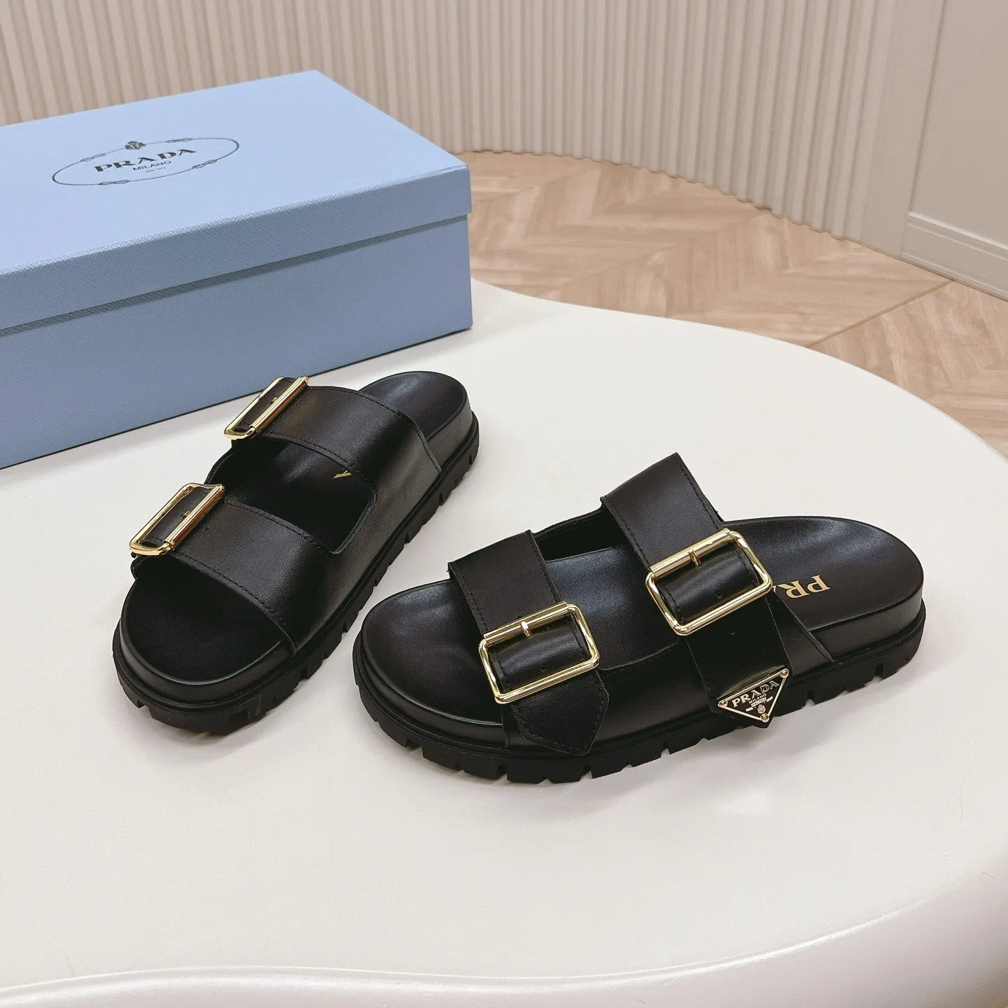 Double Buckle Strap Slides 20 Black Calfskin