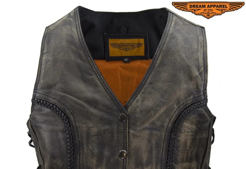 Dream Apparel Womens Longer Cut Distressed Brown Cowhide Leather Motorcycle Vest