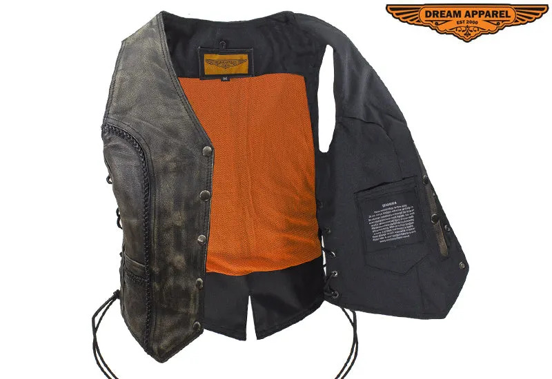 Dream Apparel Womens Longer Cut Distressed Brown Cowhide Leather Motorcycle Vest