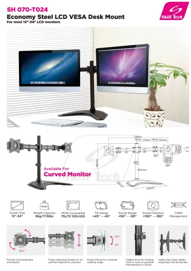 Dual-Monitor Steel Articulating Monitor Stand - SH 070T024 (Fits Most 13" ~ 27")