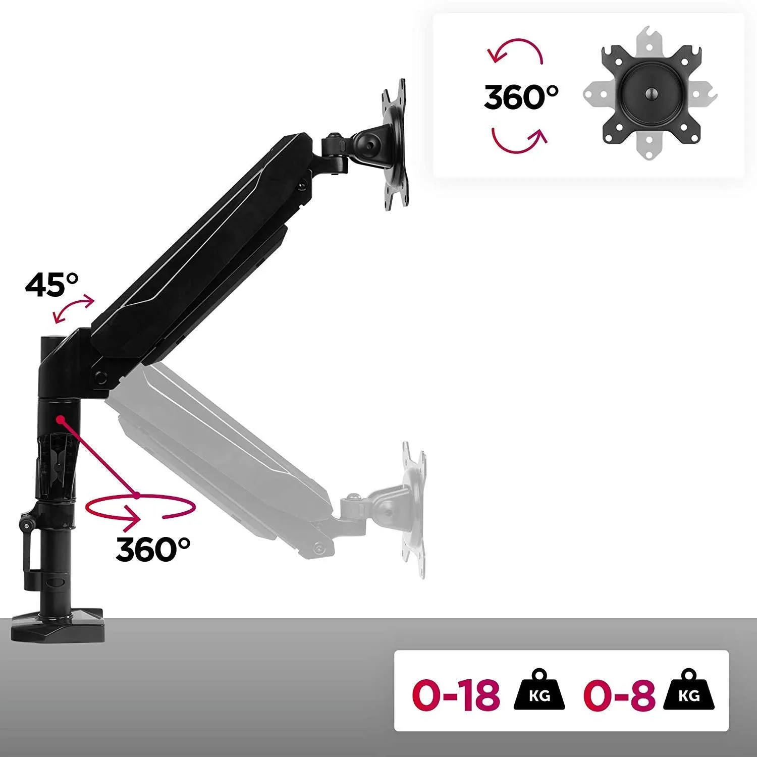 Duronic Monitor Arm Stand DMG51X2 | Single PC Desk Mount | Height Adjustable | For One 13-24 Inch LED LCD Screen | VESA 75/100 | 6.5kg Capacity | Tilt  90°/-45°, Swivel 180°,Rotate 360°